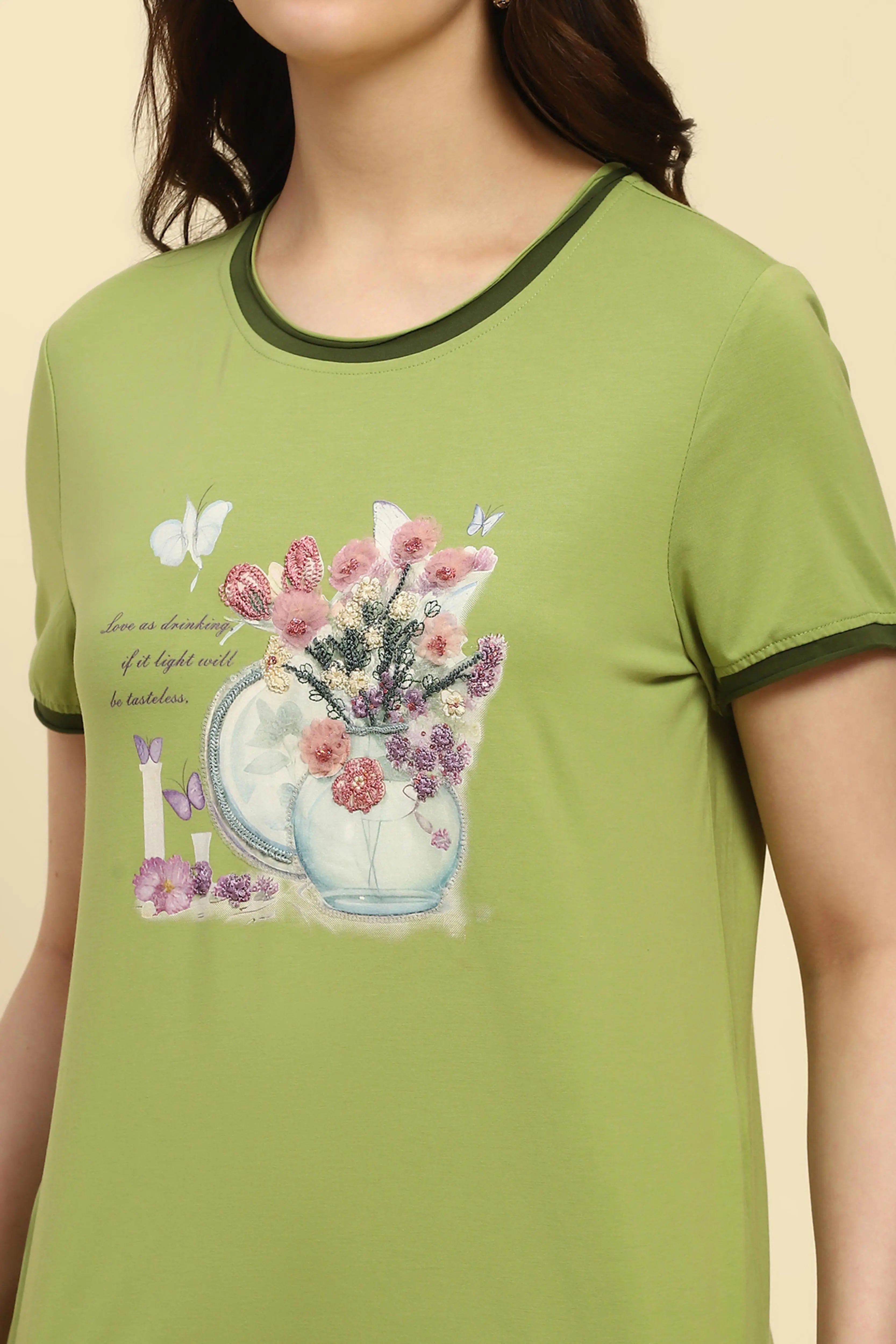 Green Embroidered Modal Blend Top - Global Republic