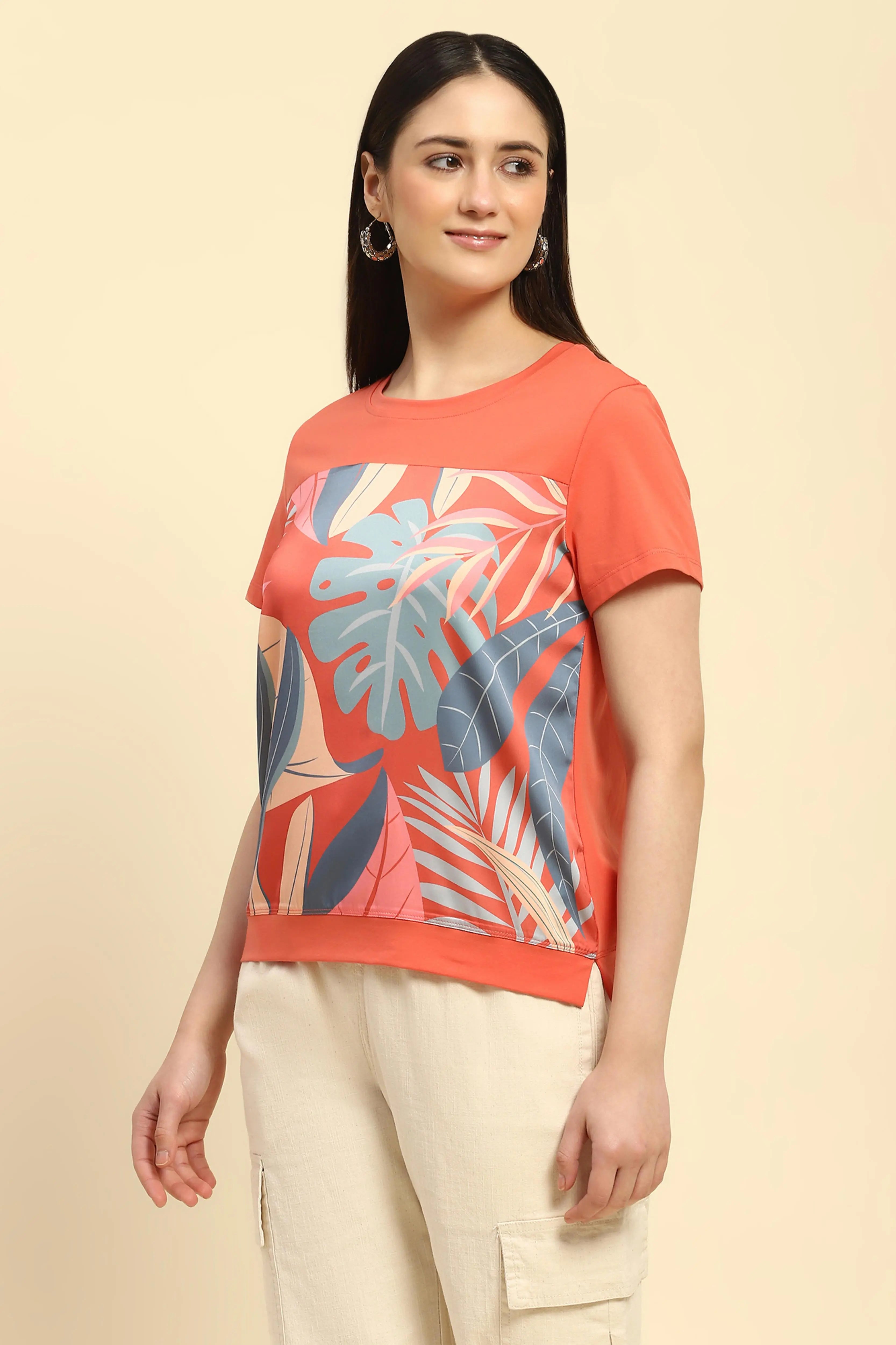 Orange Graphic Cotton Blend Top - Global Republic