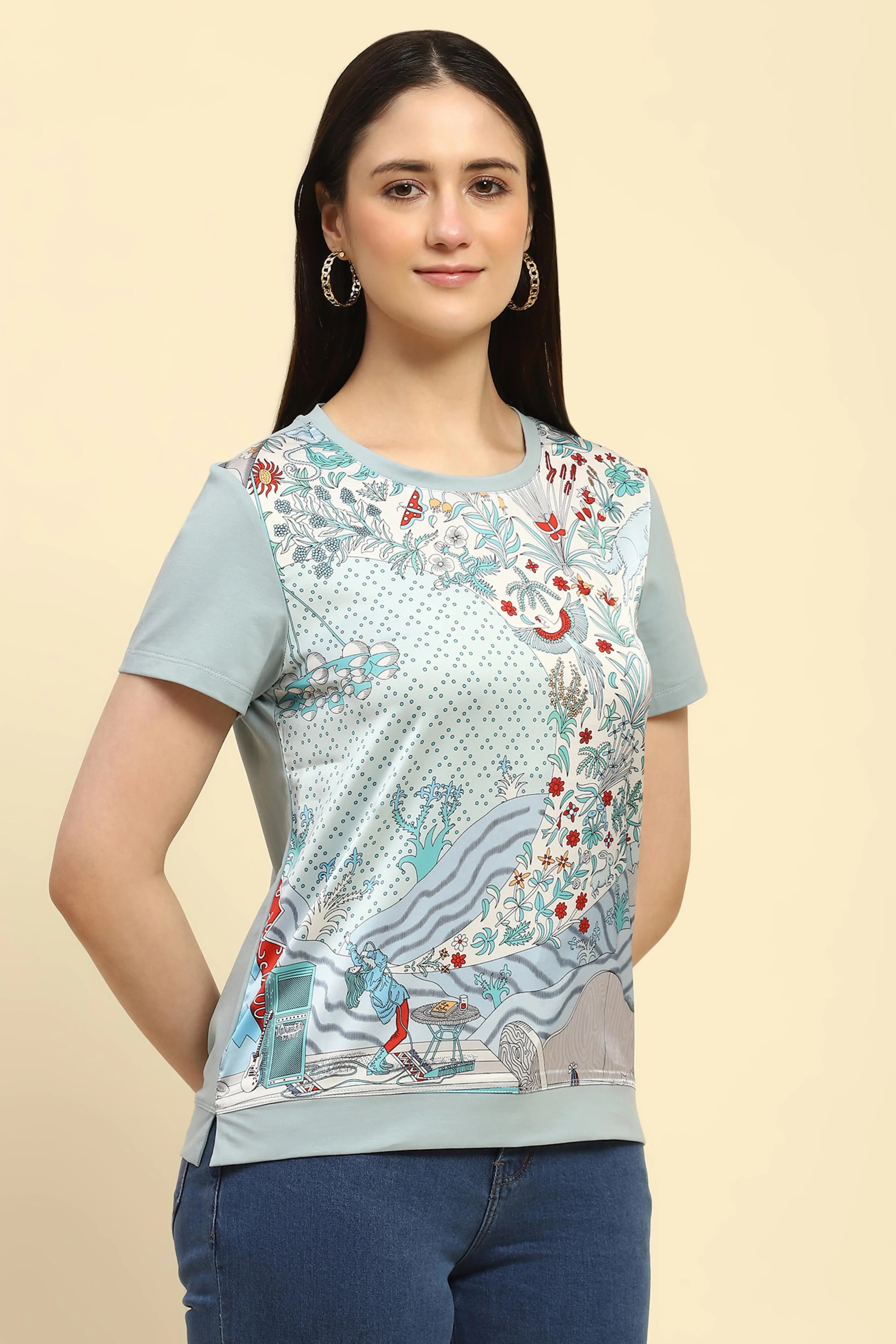 Dusty Blue Graphic Cotton Top - Global Republic