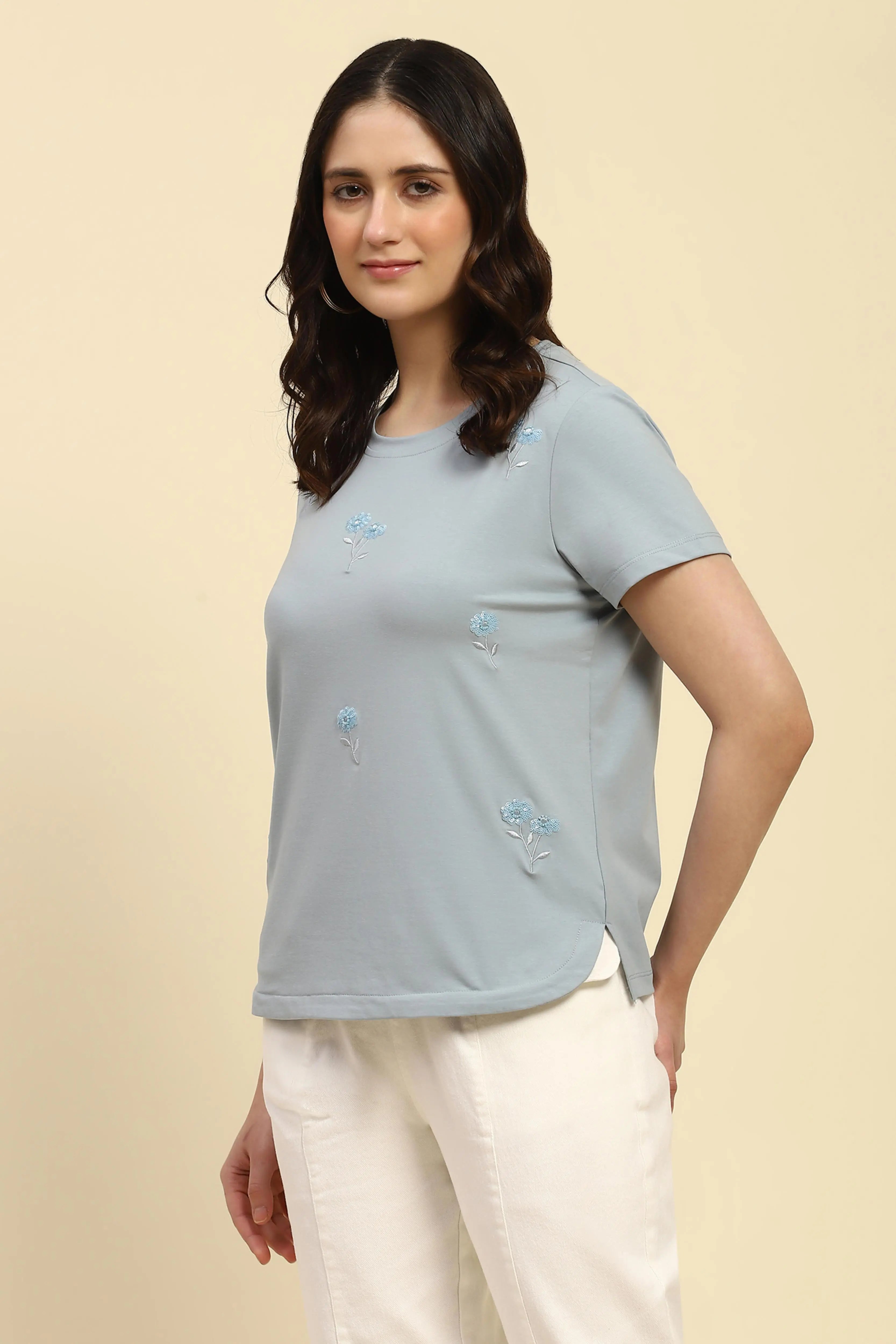 Dusty Blue Cotton Embroidered Top - Global Republic