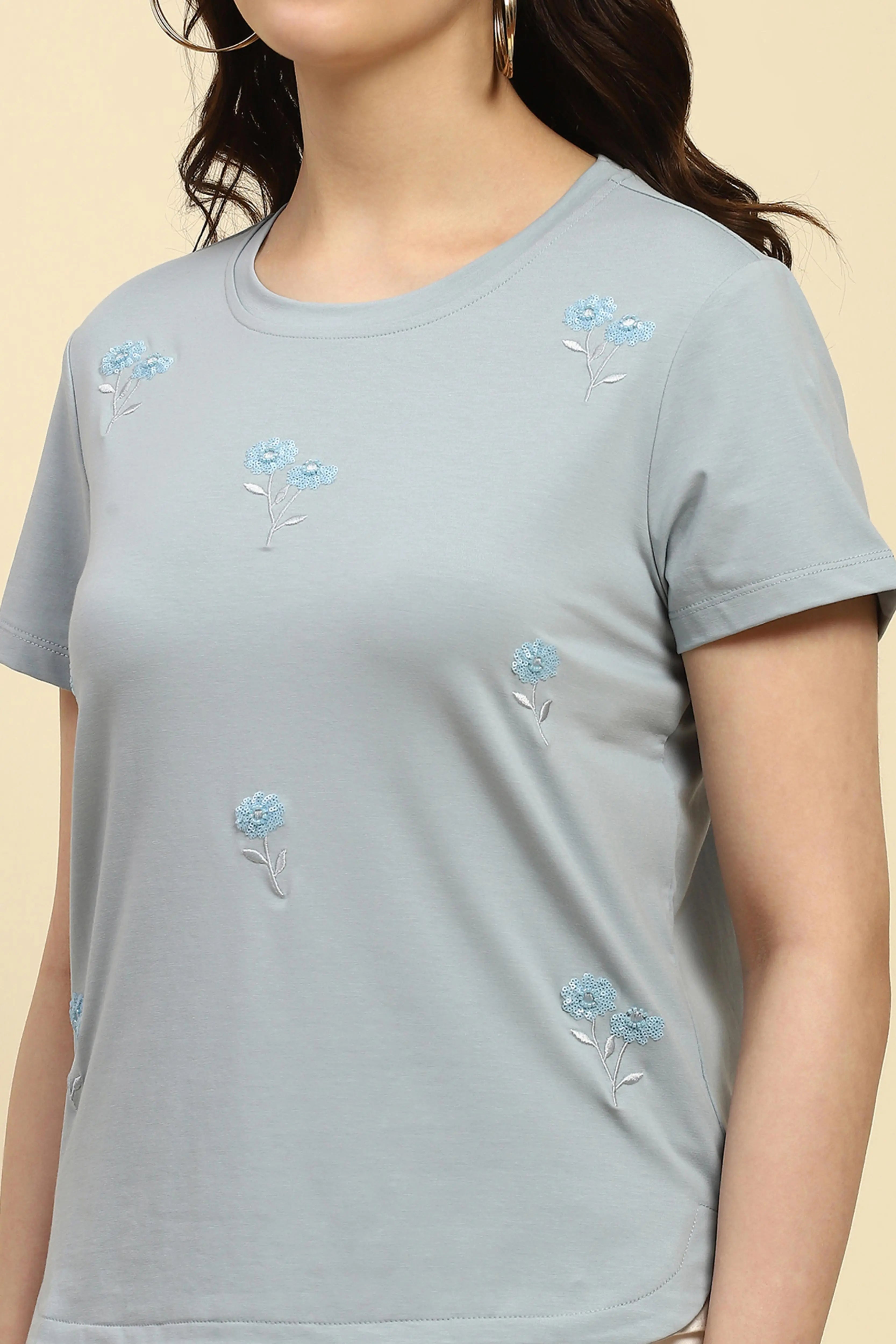 Dusty Blue Cotton Embroidered Top - Global Republic