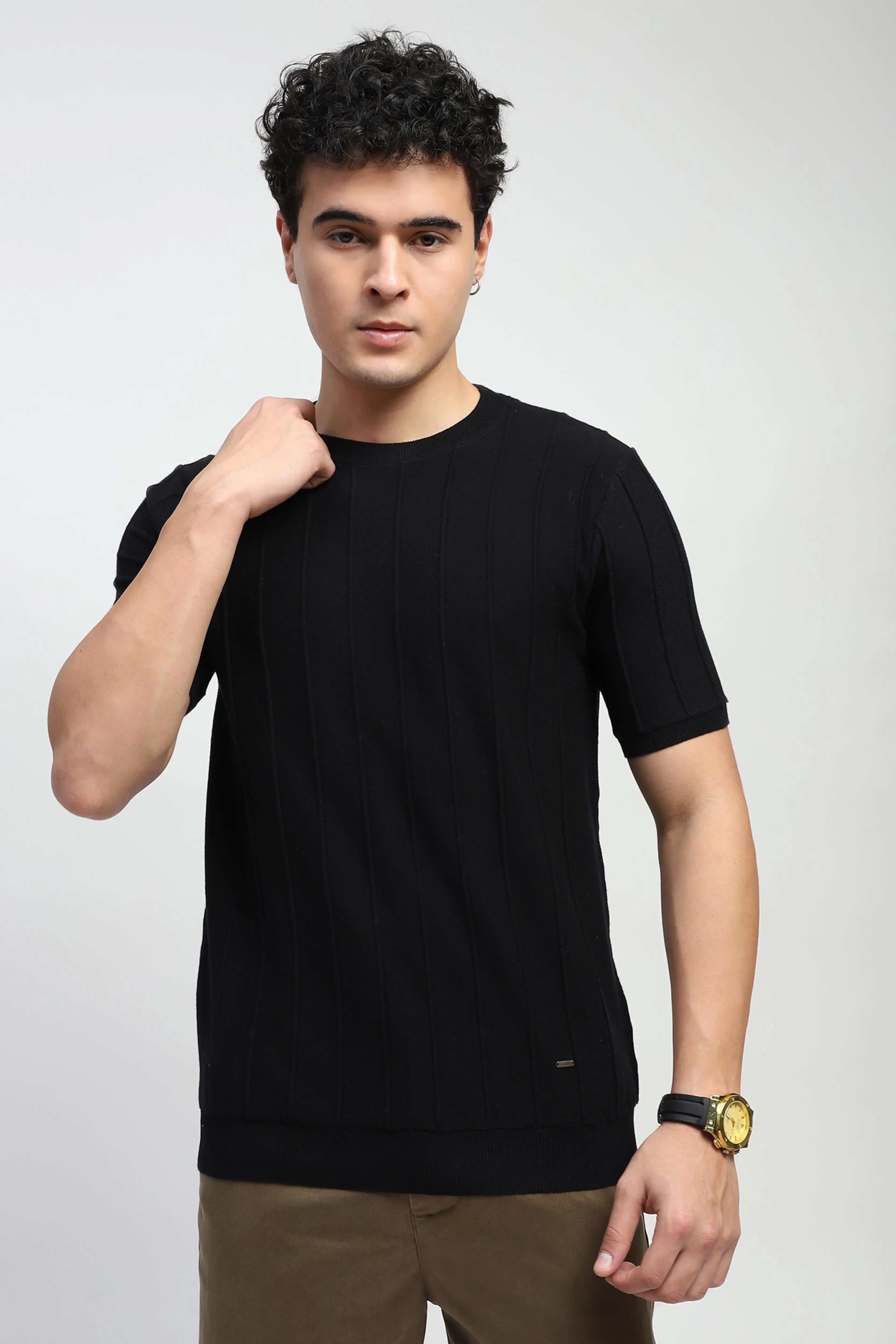 Knitted Self Striped Cotton T-Shirt - Global Republic