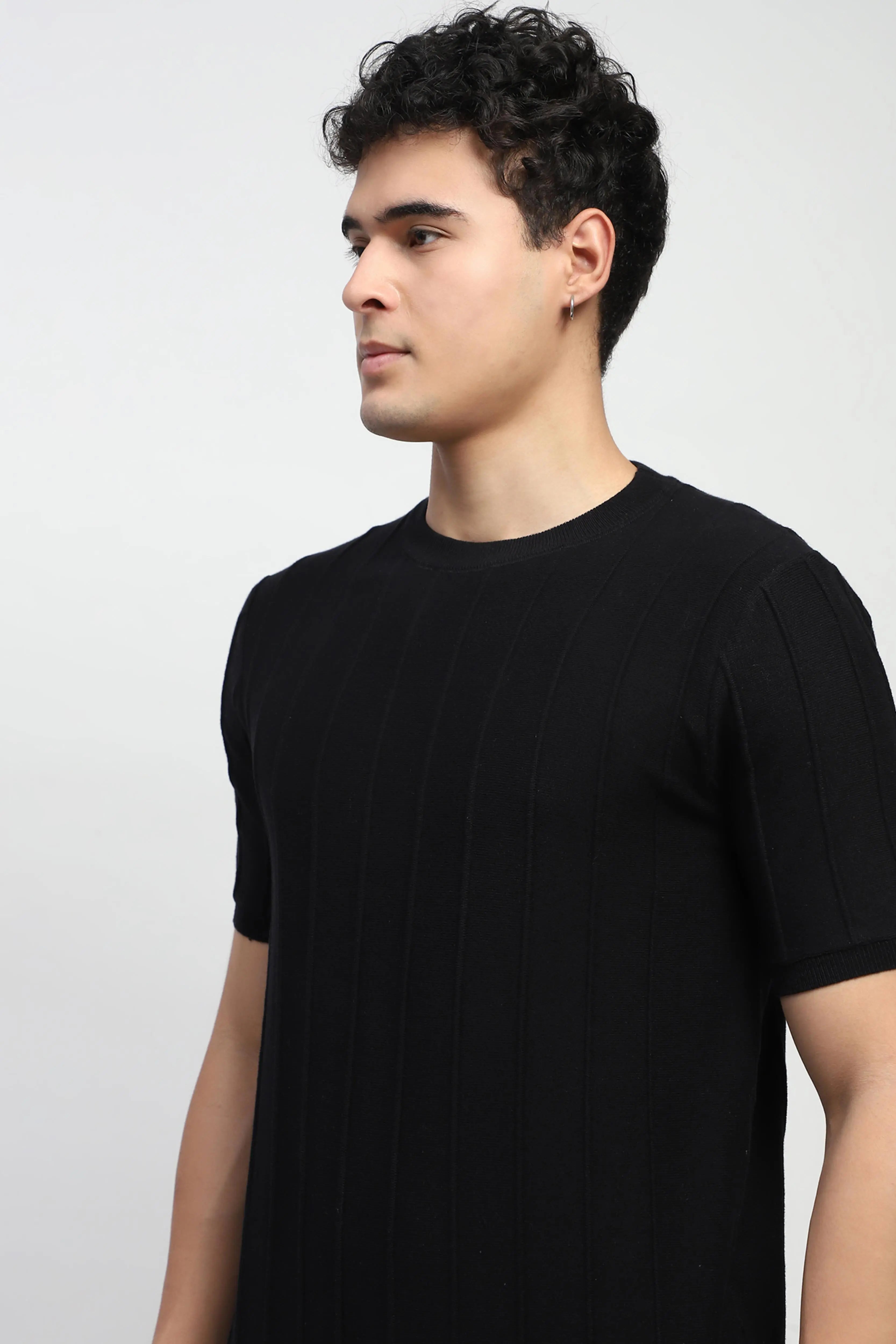 Knitted Self Striped Cotton T-Shirt - Global Republic