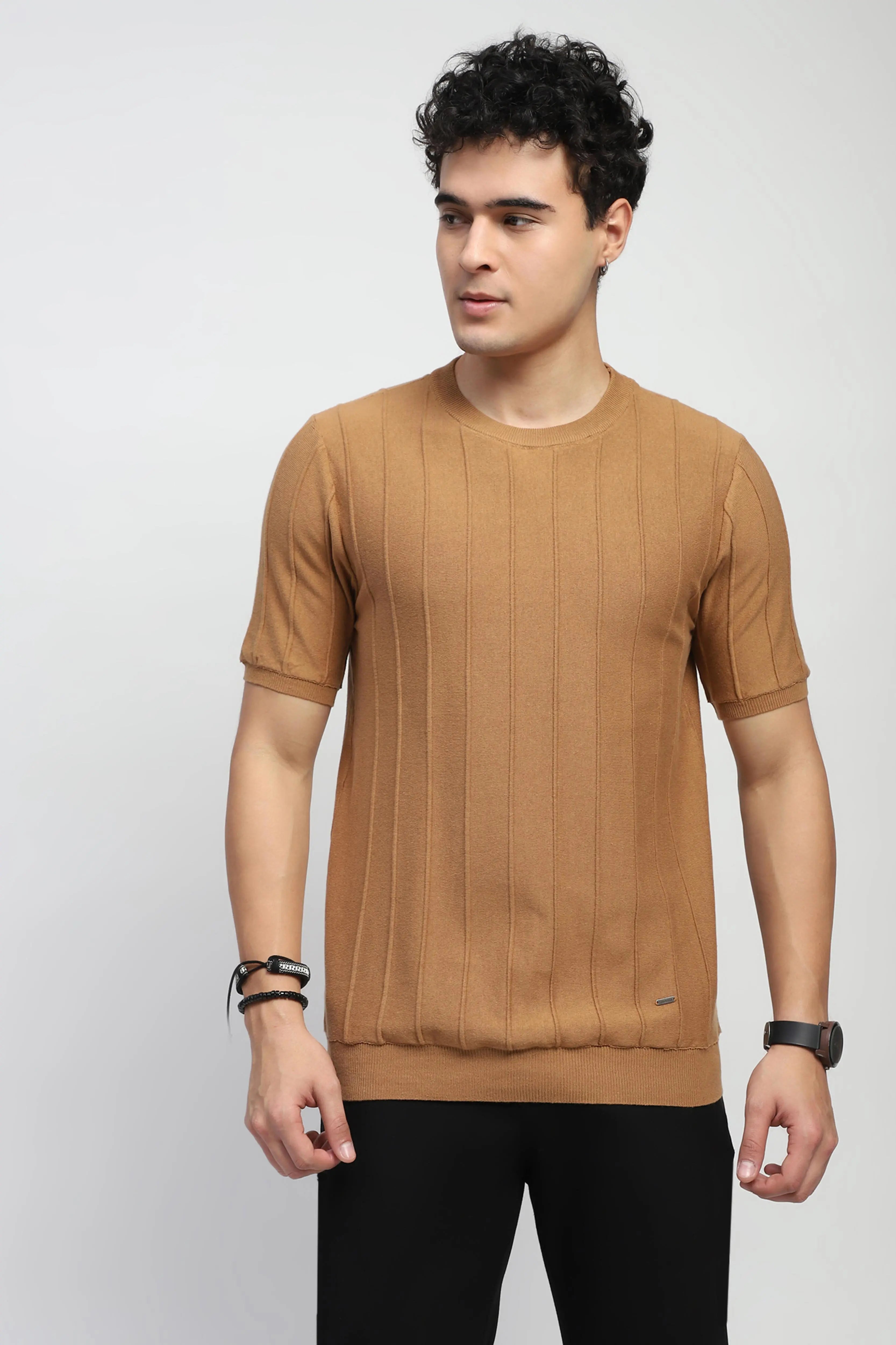 Brown Knitted Textured T-Shirt - Global Republic