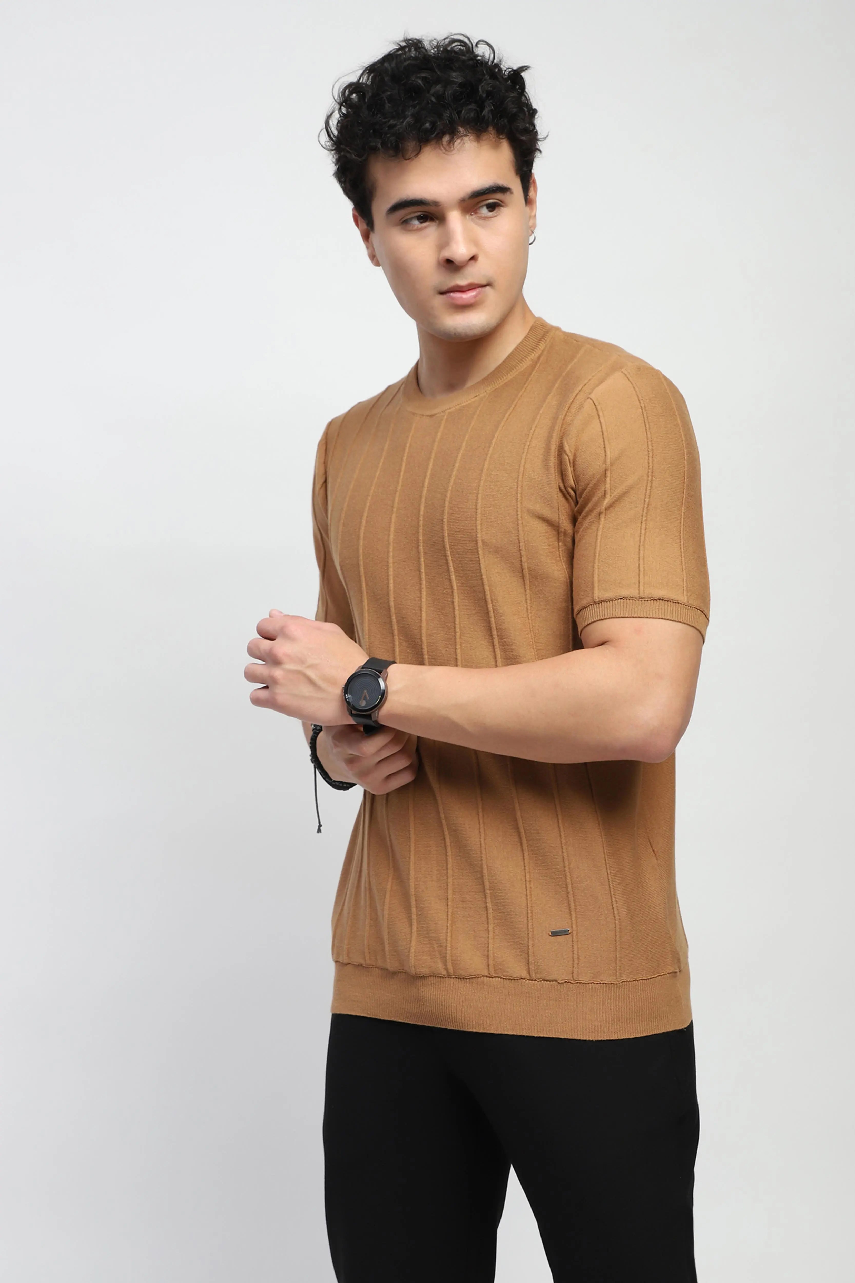 Brown Knitted Textured T-Shirt - Global Republic