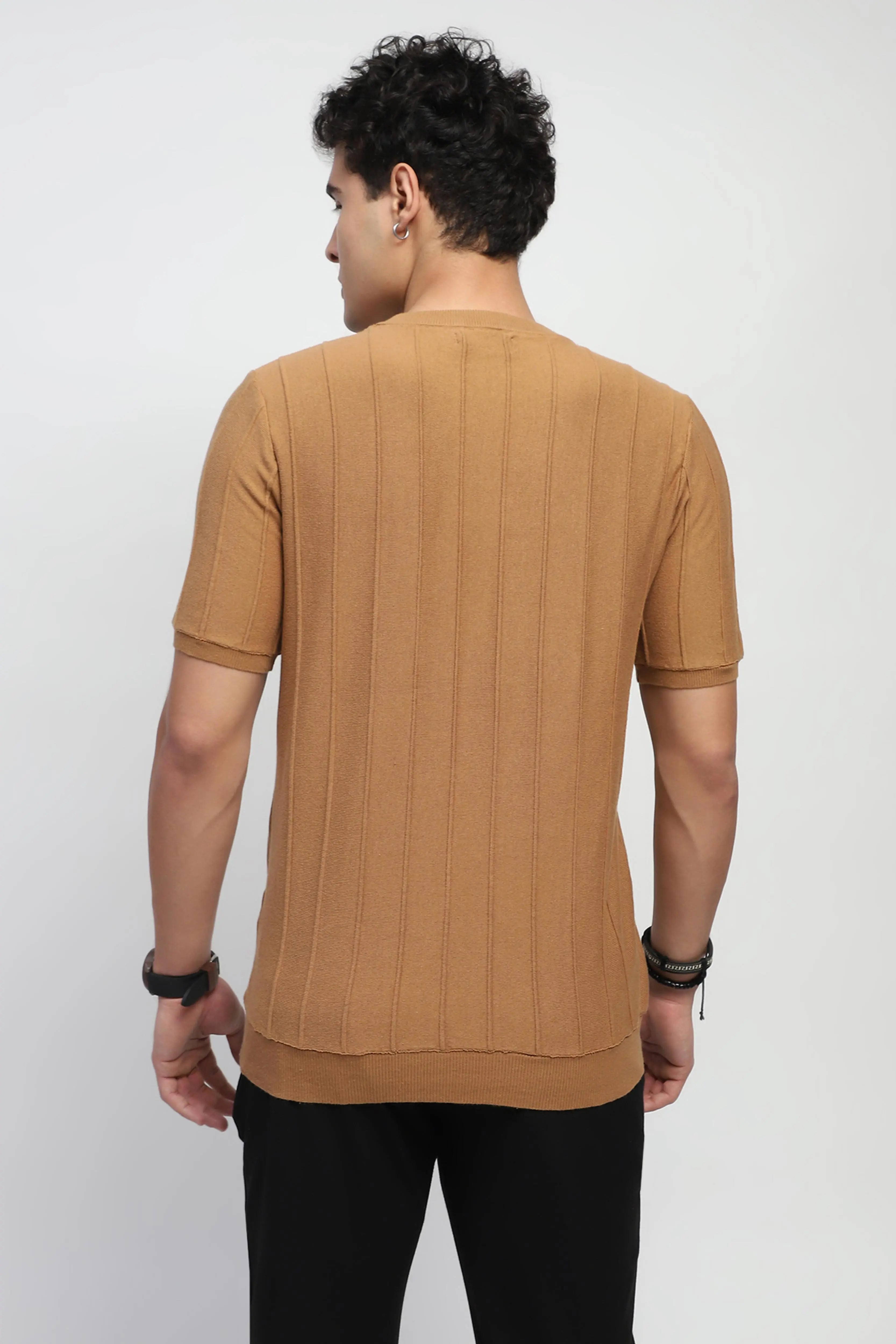 Brown Knitted Textured T-Shirt - Global Republic