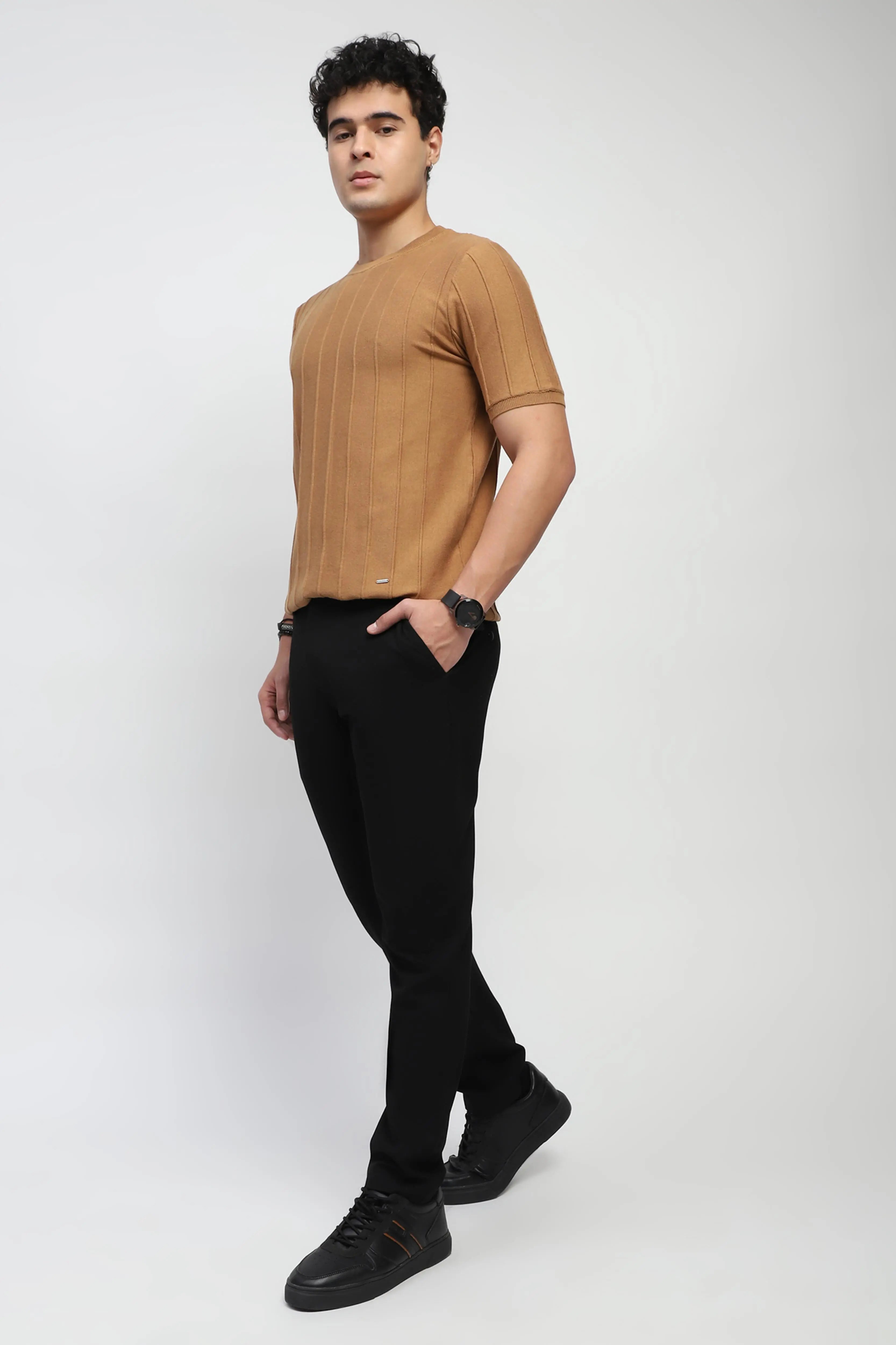 Brown Knitted Textured T-Shirt - Global Republic