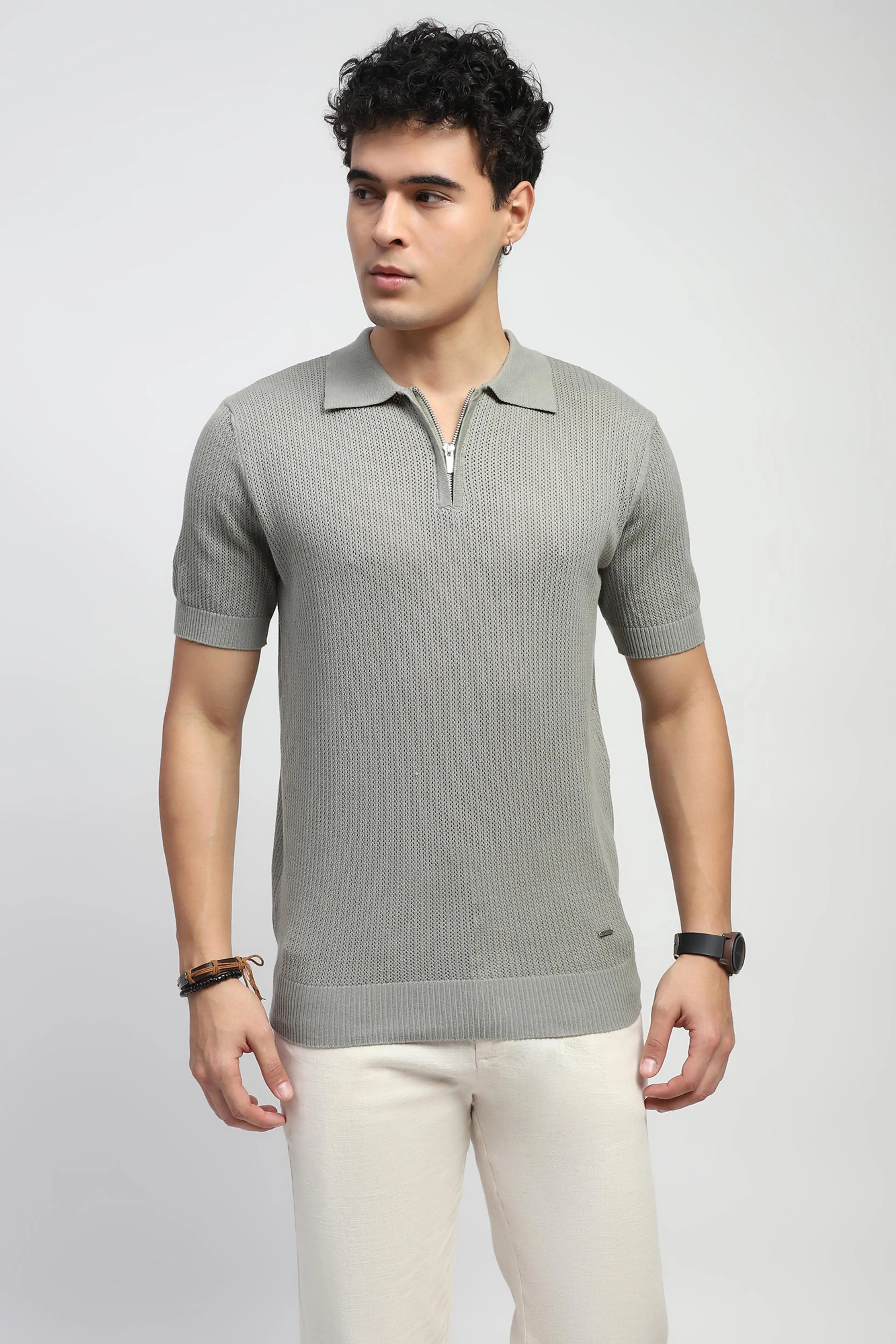 Grey Self Design Cotton Polo T-Shirt - Global Republic