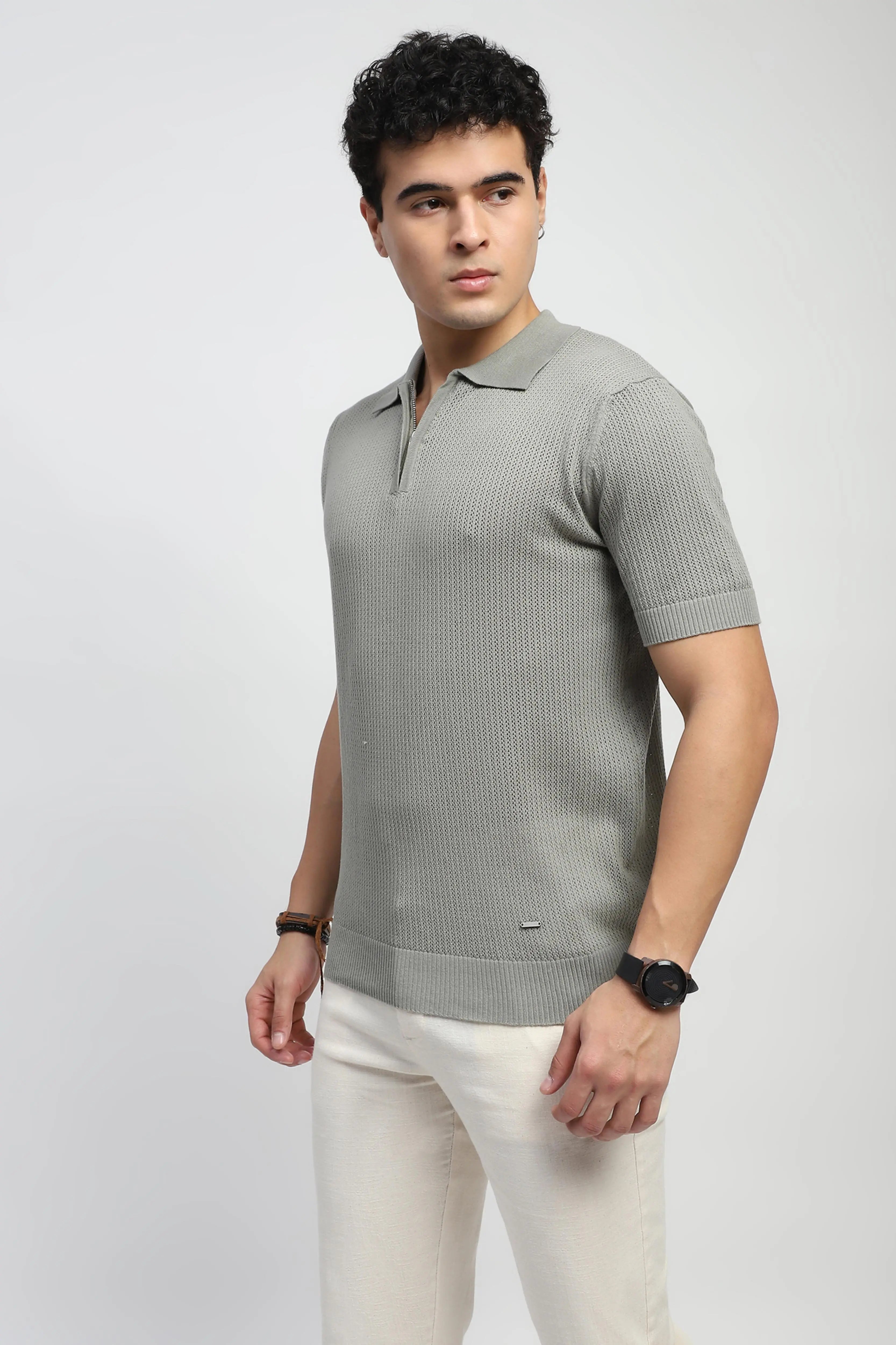Grey Self Design Cotton Polo T-Shirt - Global Republic