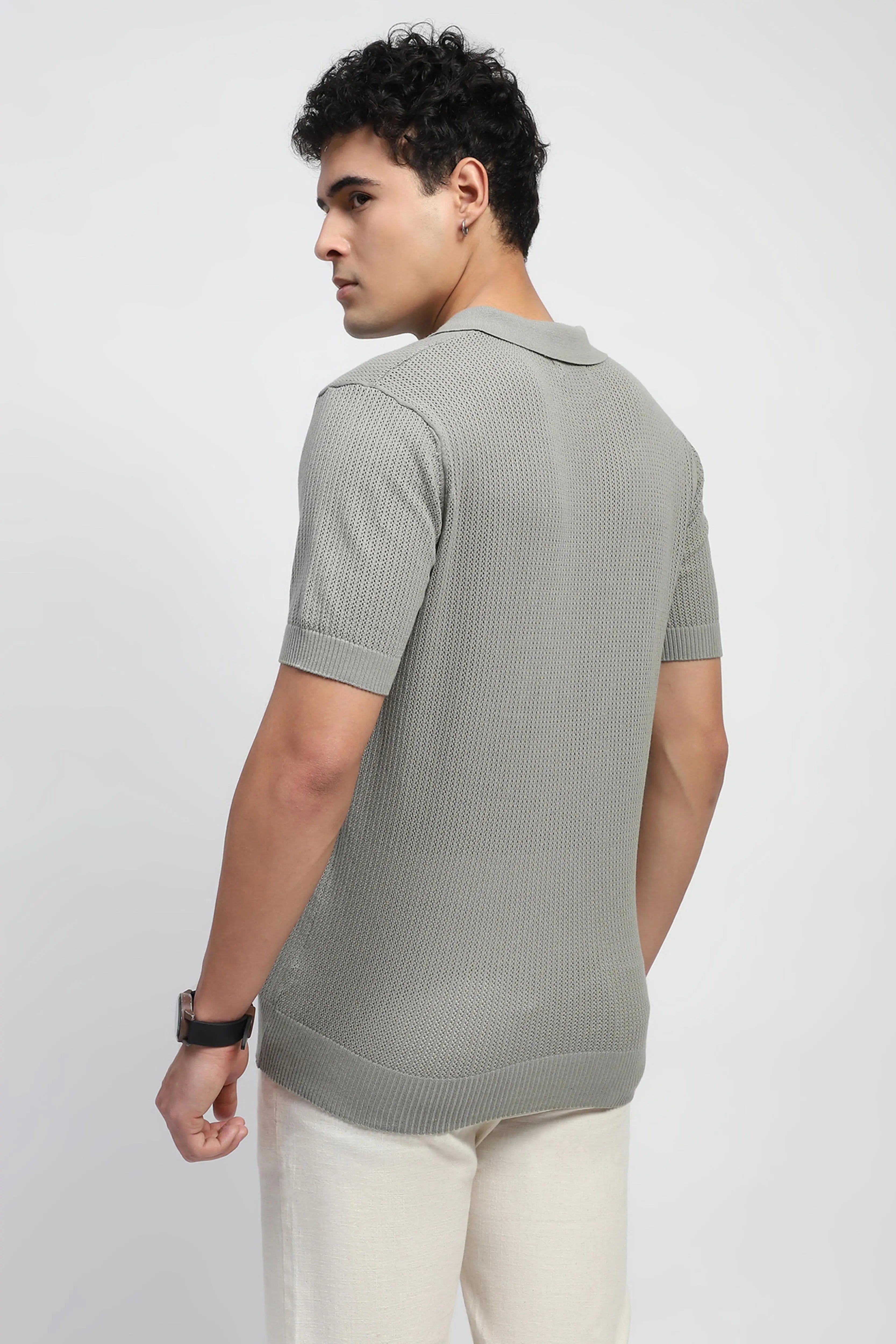 Grey Self Design Cotton Polo T-Shirt - Global Republic