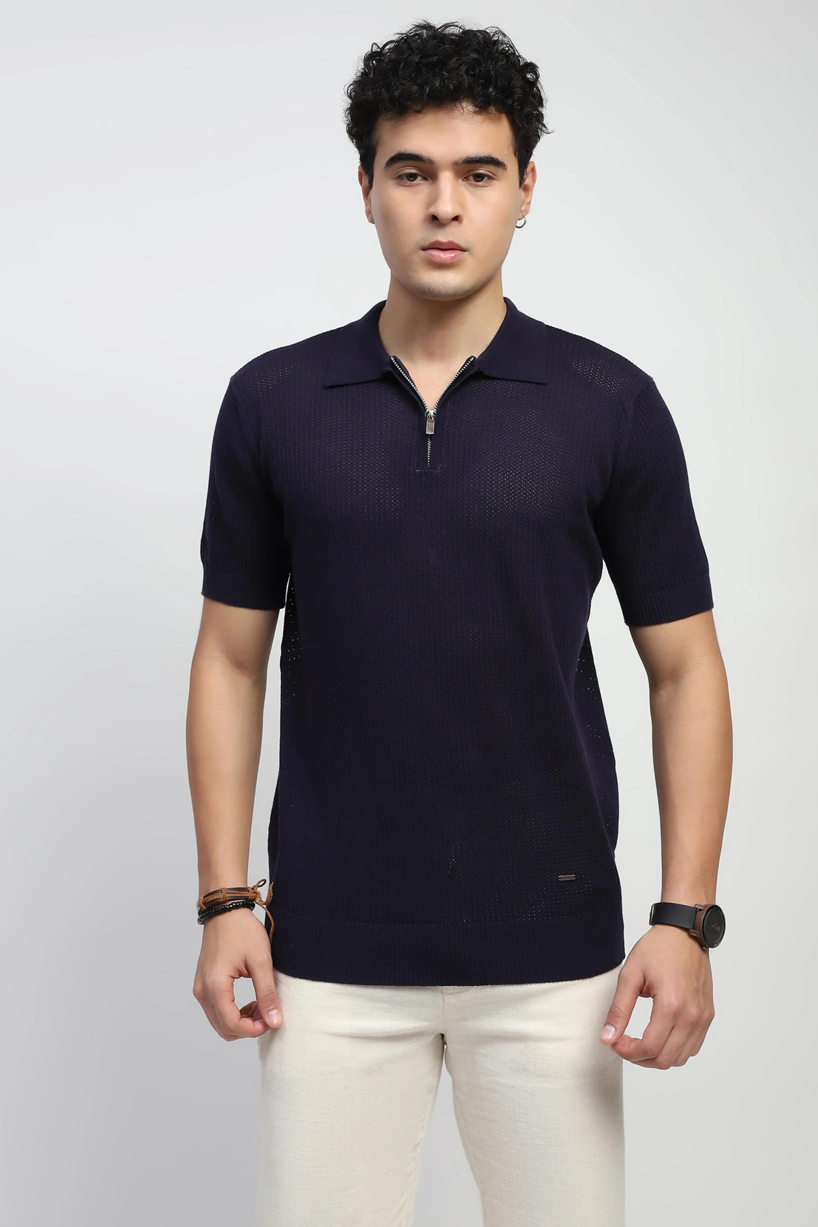 Navy Self Design Cotton Polo T-Shirt - Global Republic