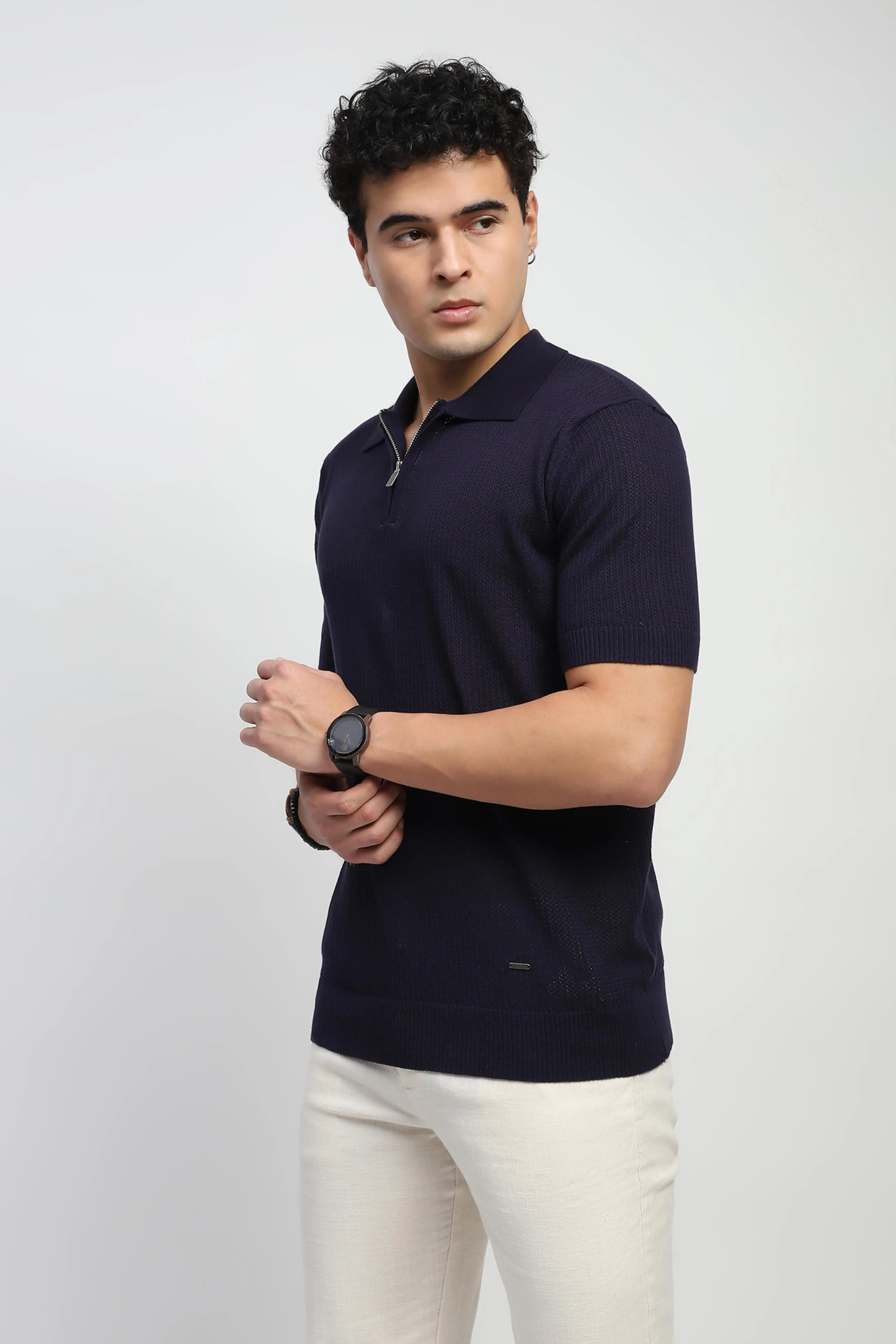 Navy Self Design Cotton Polo T-Shirt - Global Republic