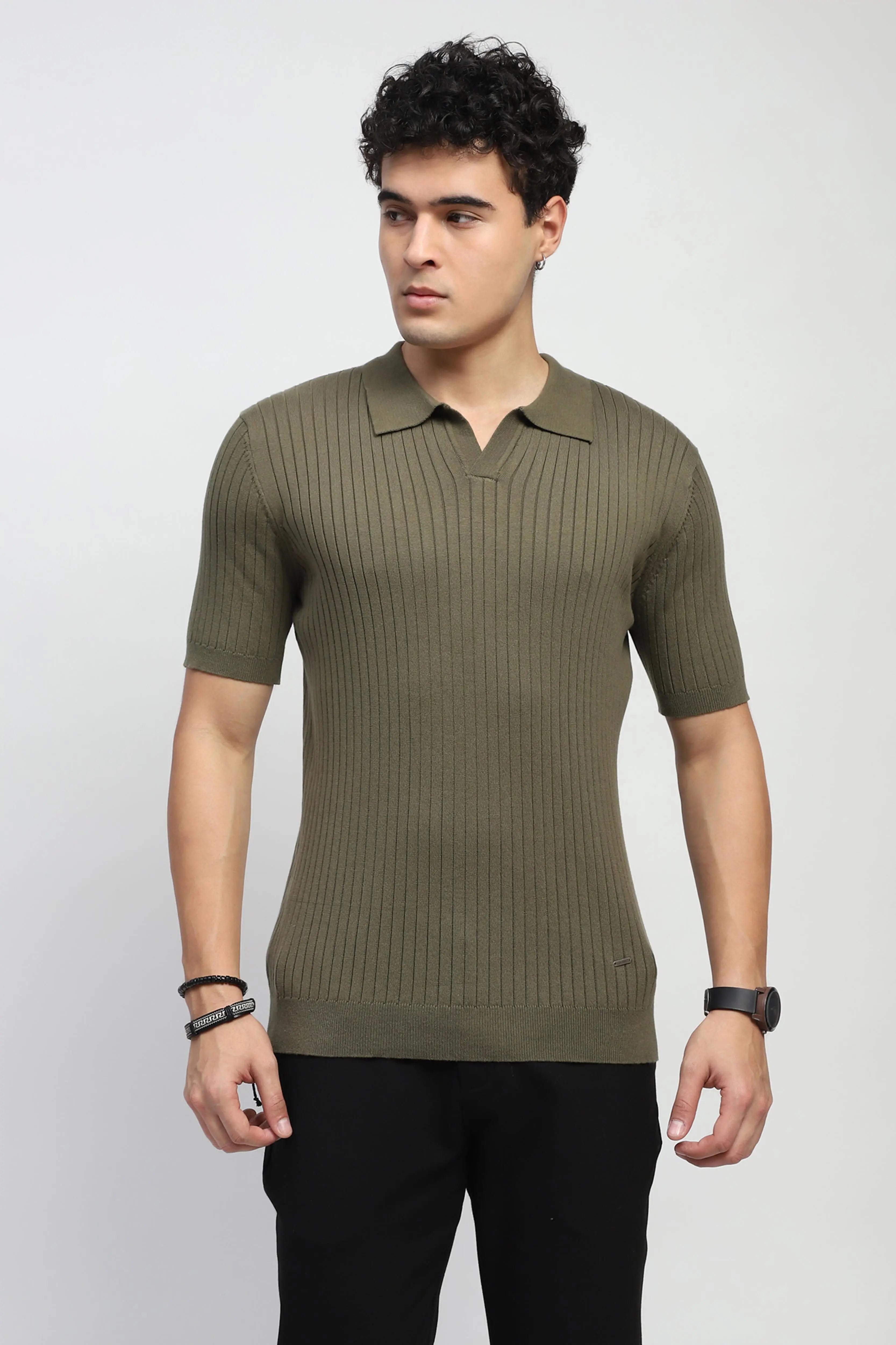 Olive Knitted Cotton Ribbed T-Shirt - Global Republic