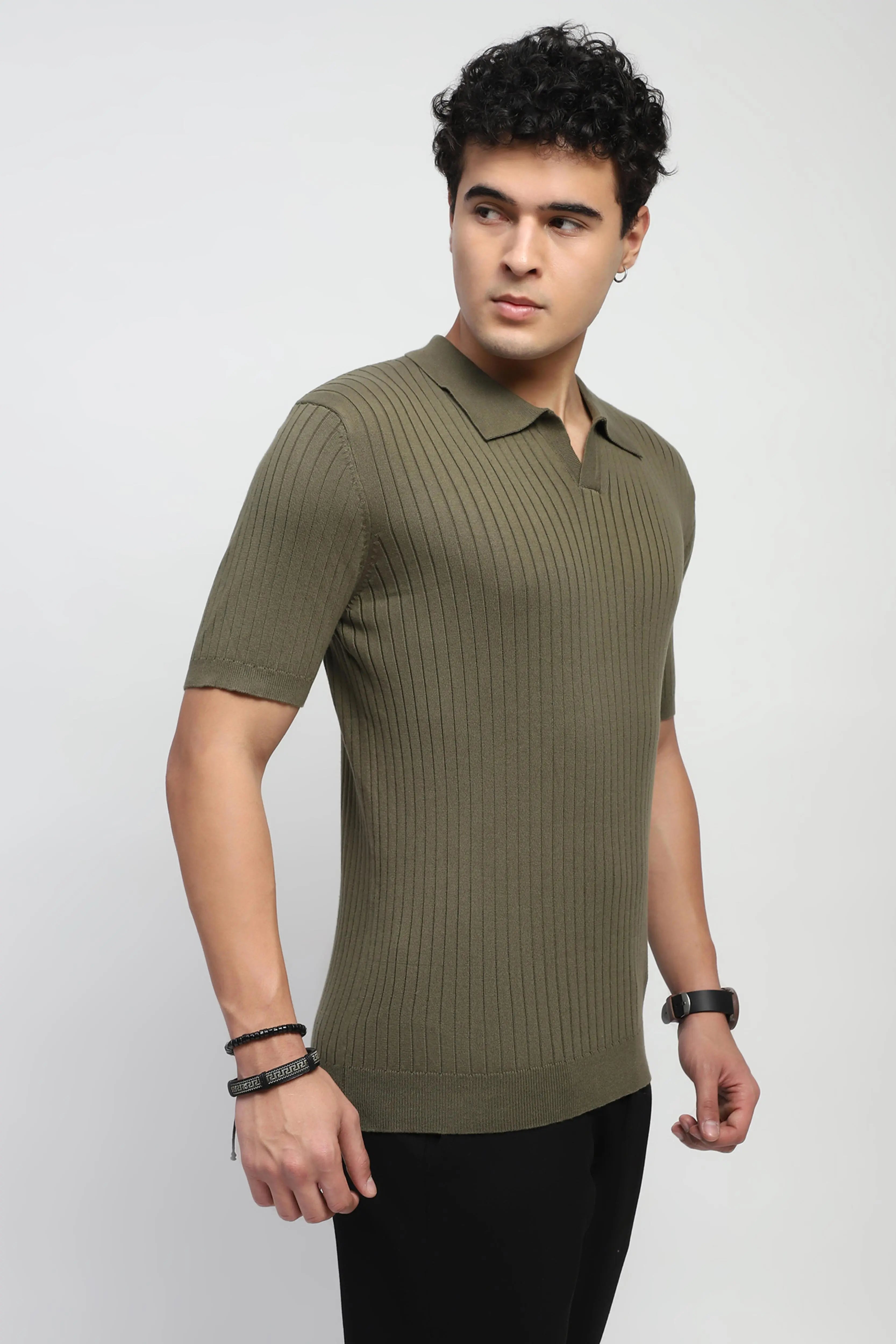 Olive Knitted Cotton Ribbed T-Shirt - Global Republic