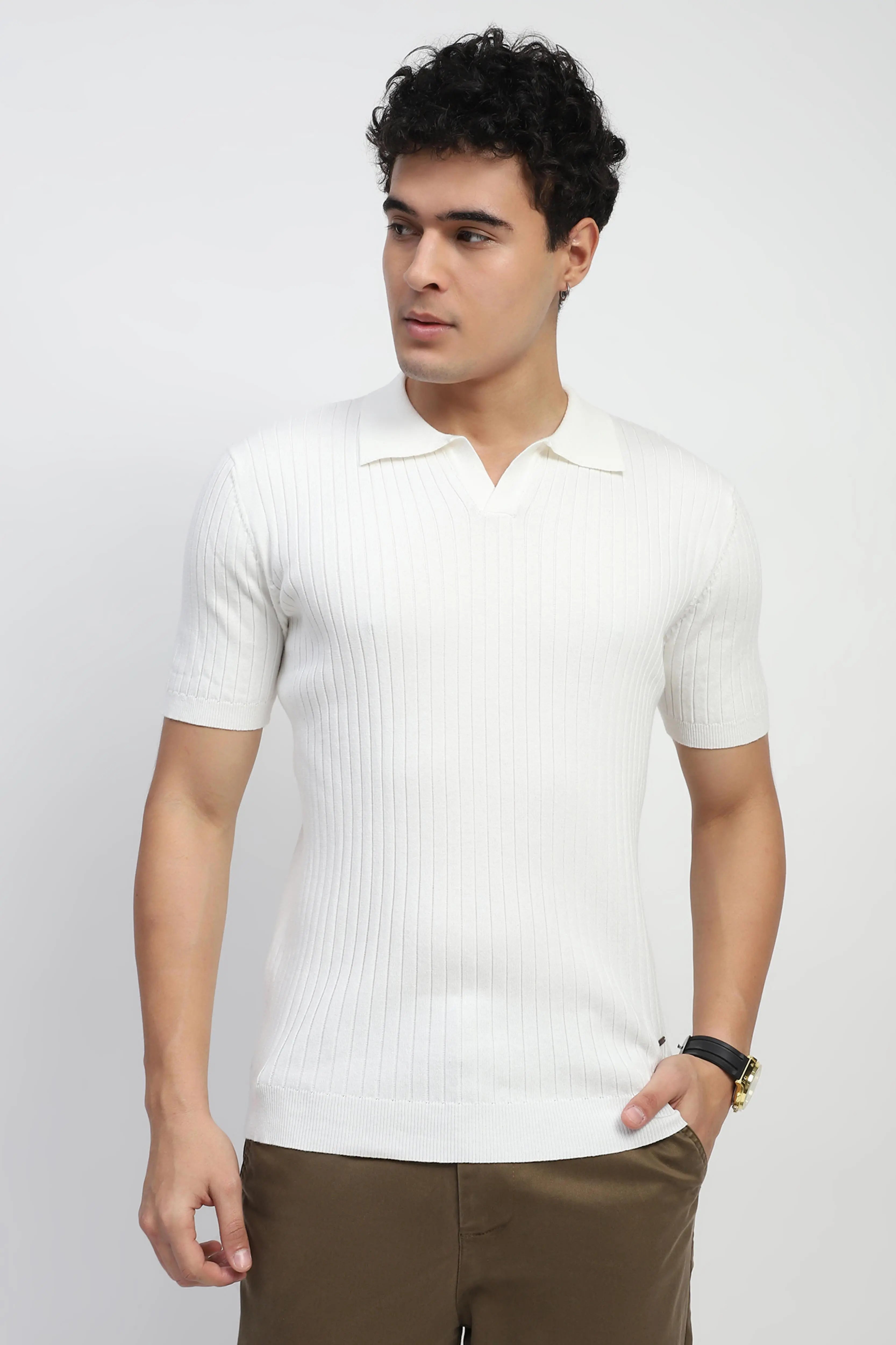 White Self Stripes Cotton Knit T-Shirt - Global Republic