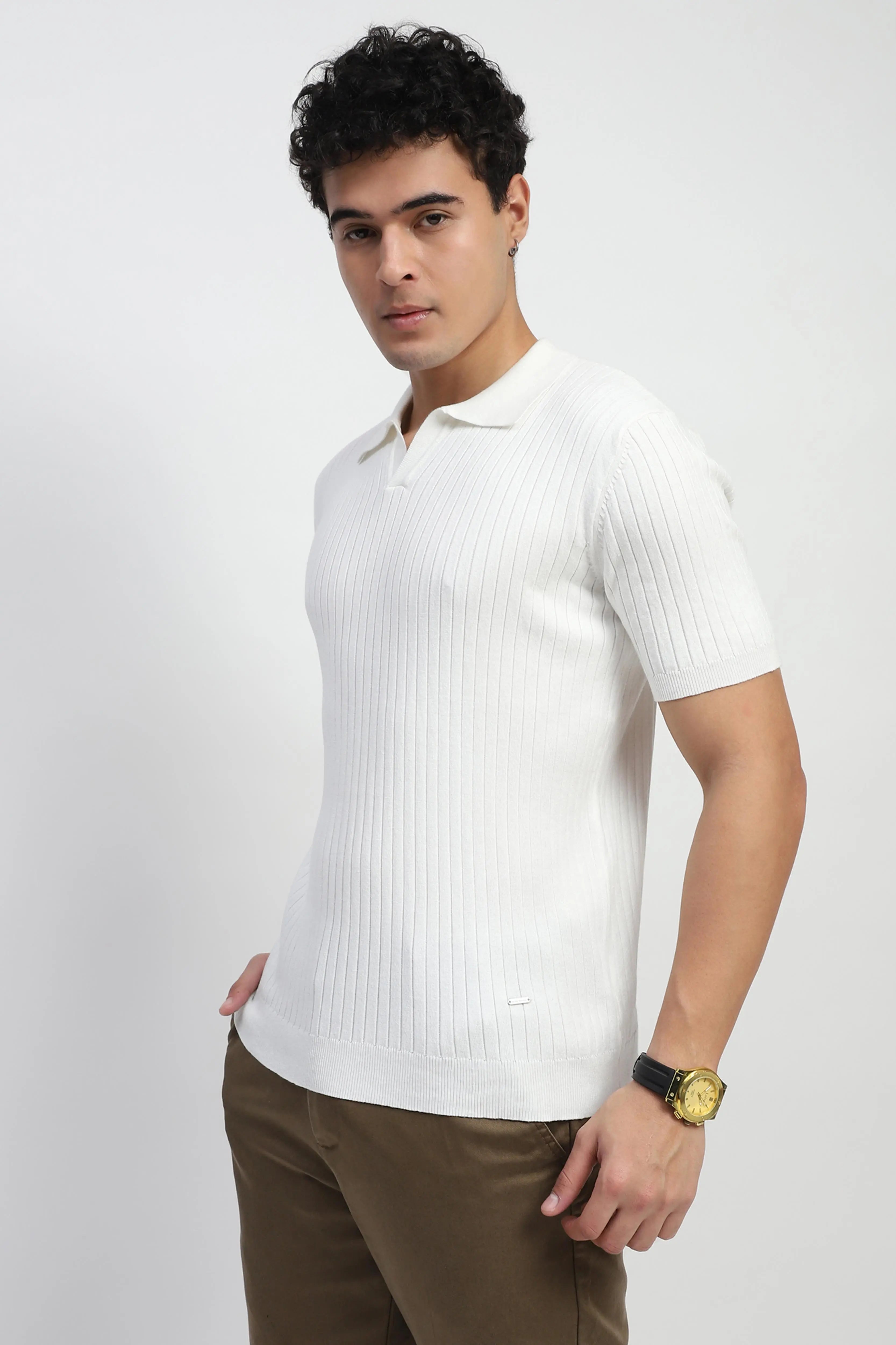 White Self Stripes Cotton Knit T-Shirt - Global Republic
