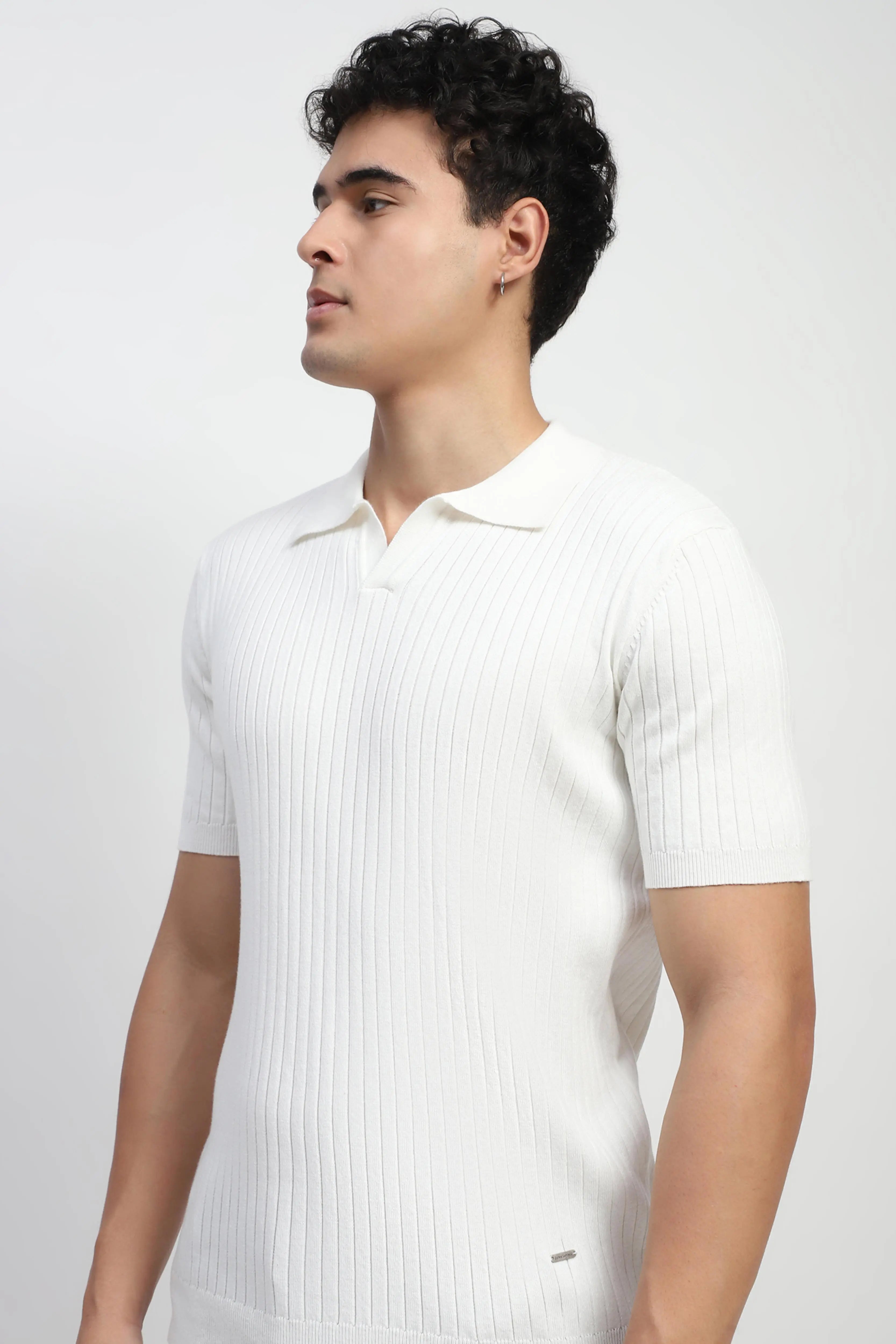 White Self Stripes Cotton Knit T-Shirt - Global Republic