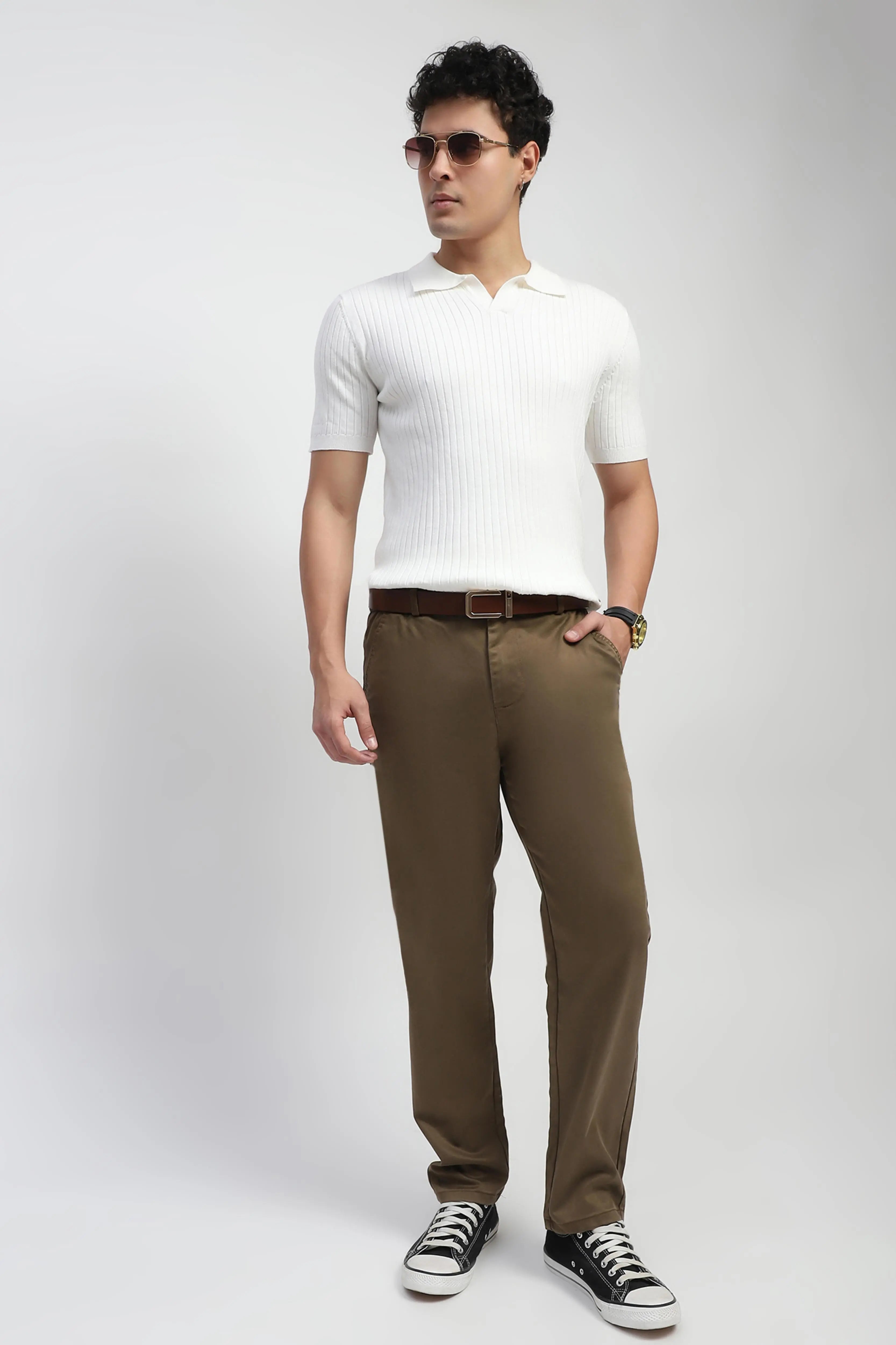 White Self Stripes Cotton Knit T-Shirt - Global Republic