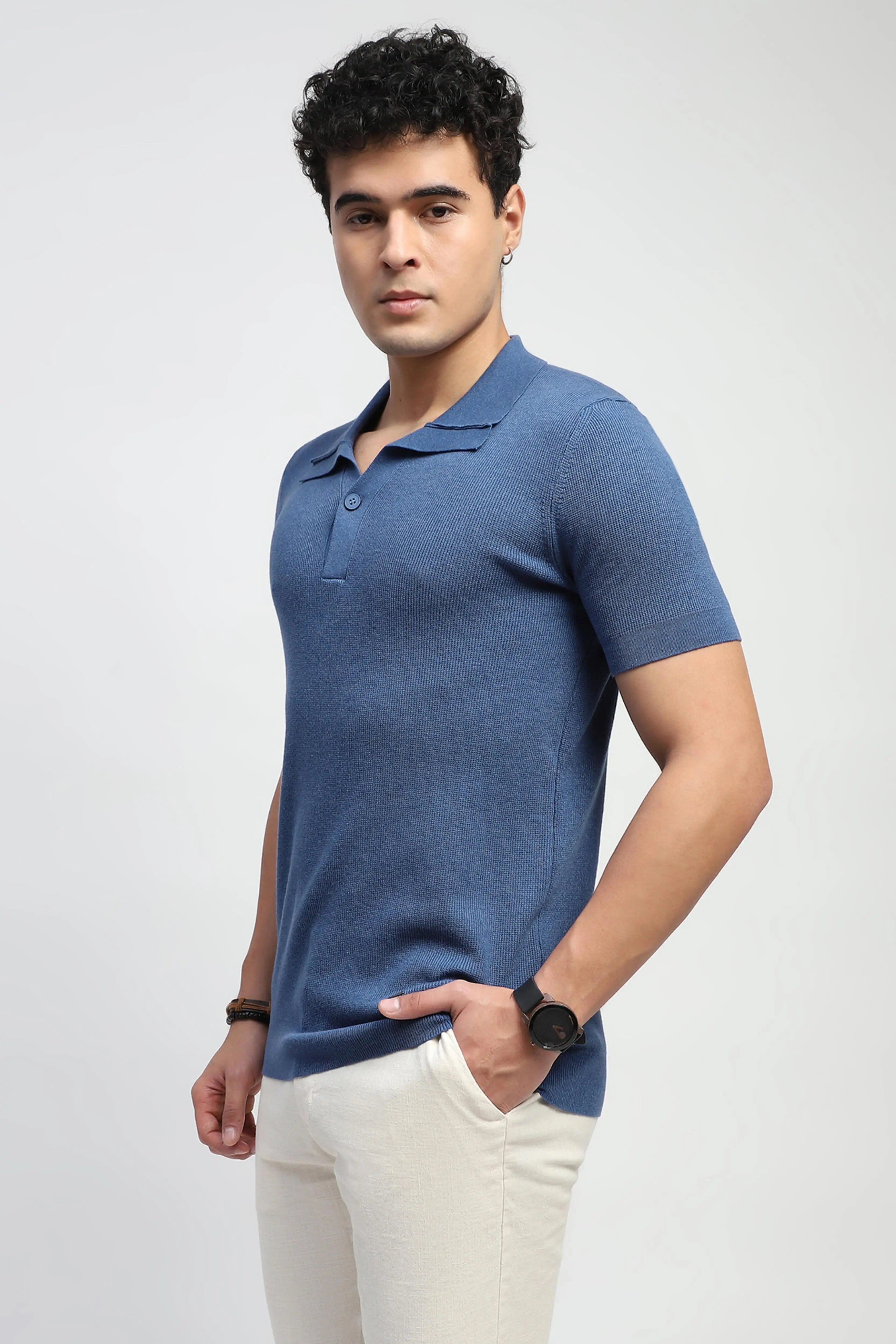 Blue Self Design Cotton T-Shirt