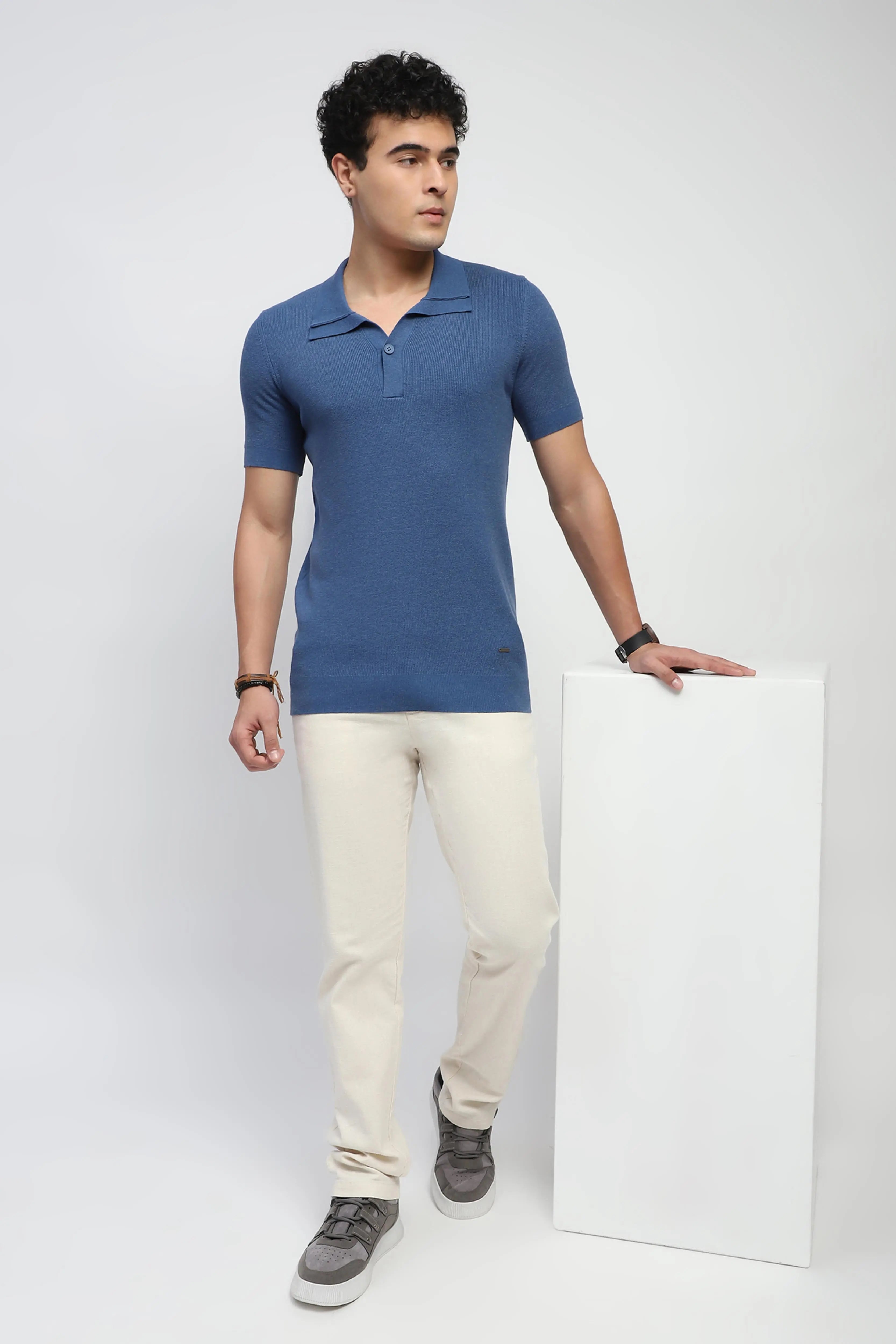 Blue Self Design Cotton T-Shirt - Global Republic
