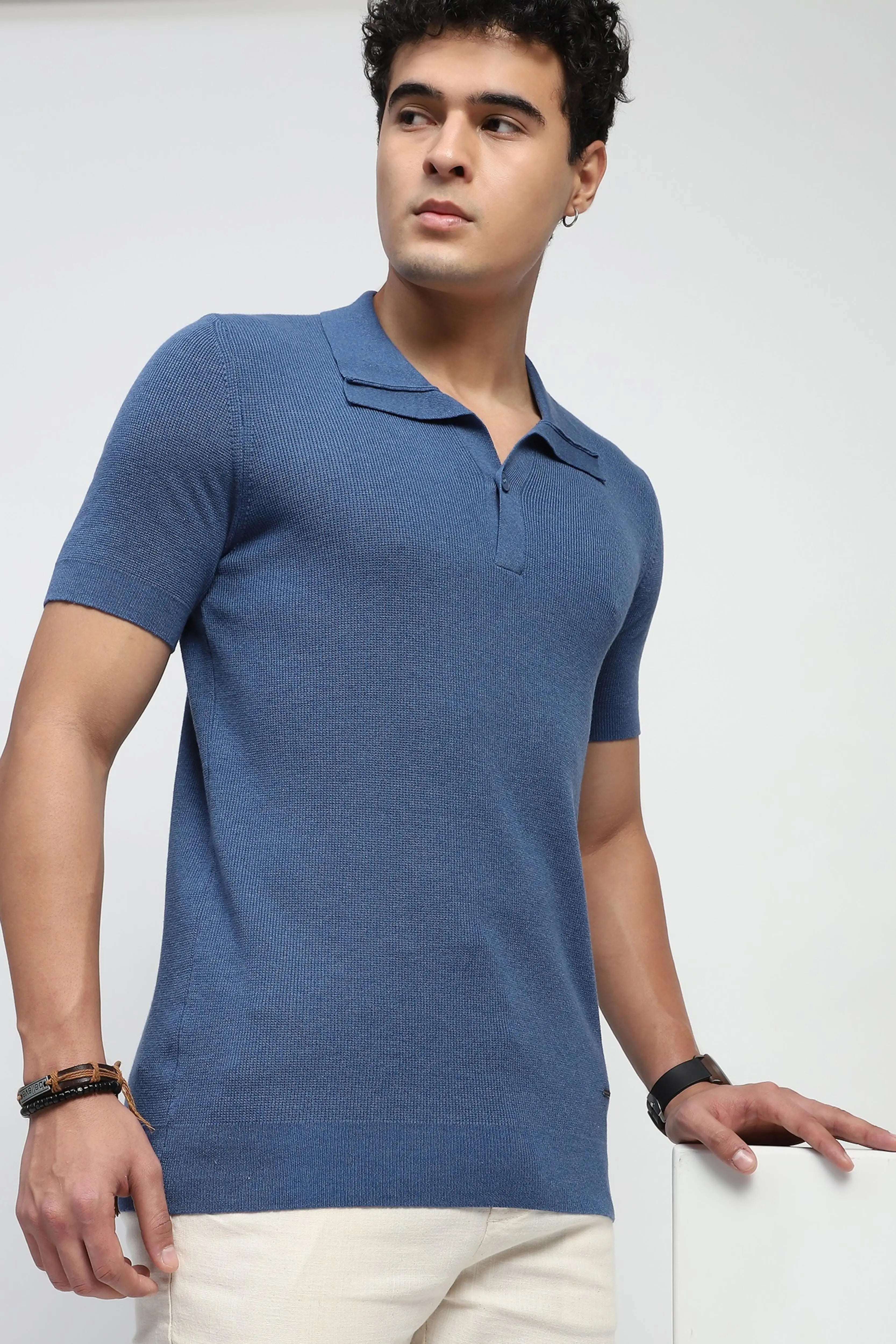 Blue Self Design Cotton T-Shirt - Global Republic