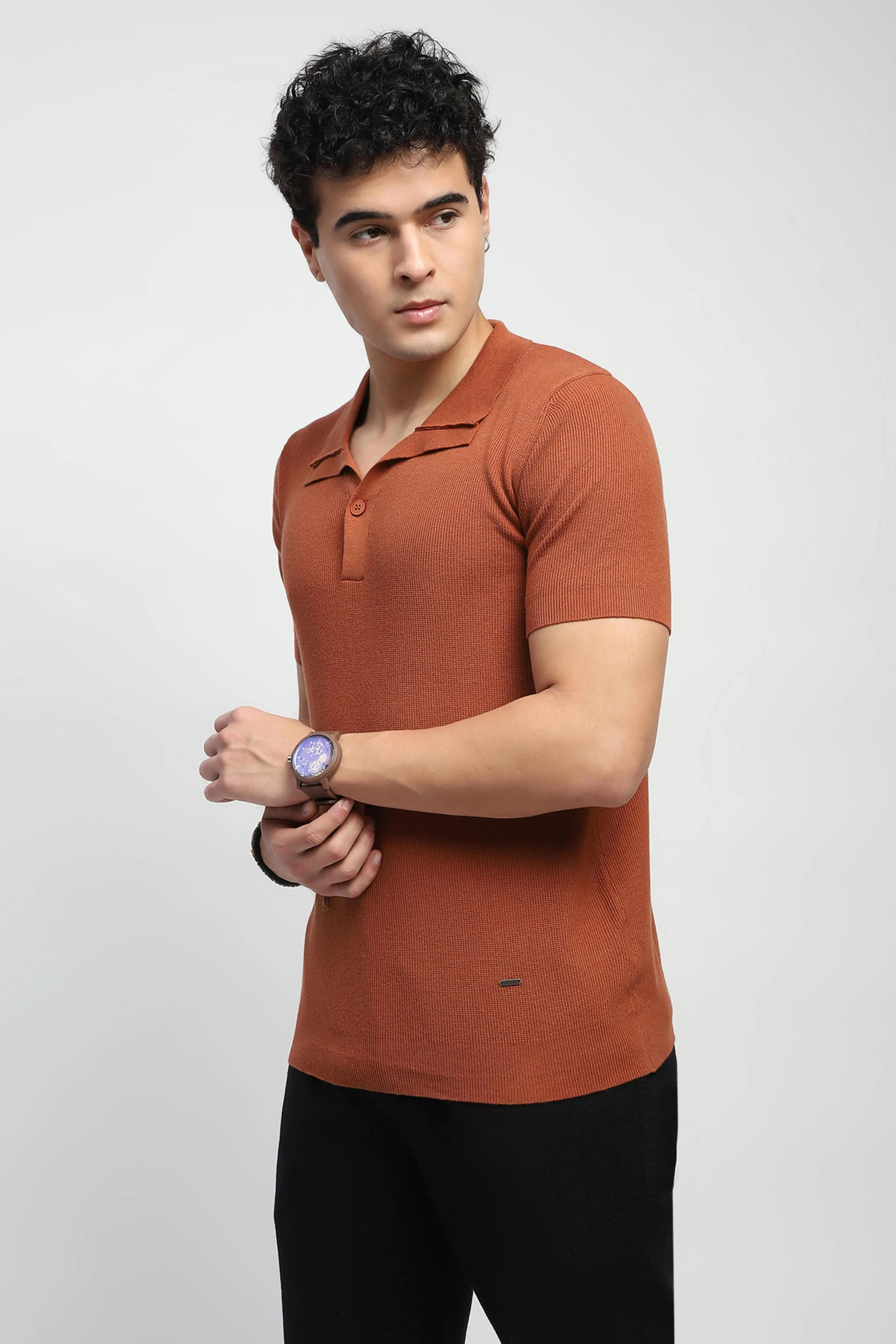 Rust Textured Cotton T-Shirt - Global Republic