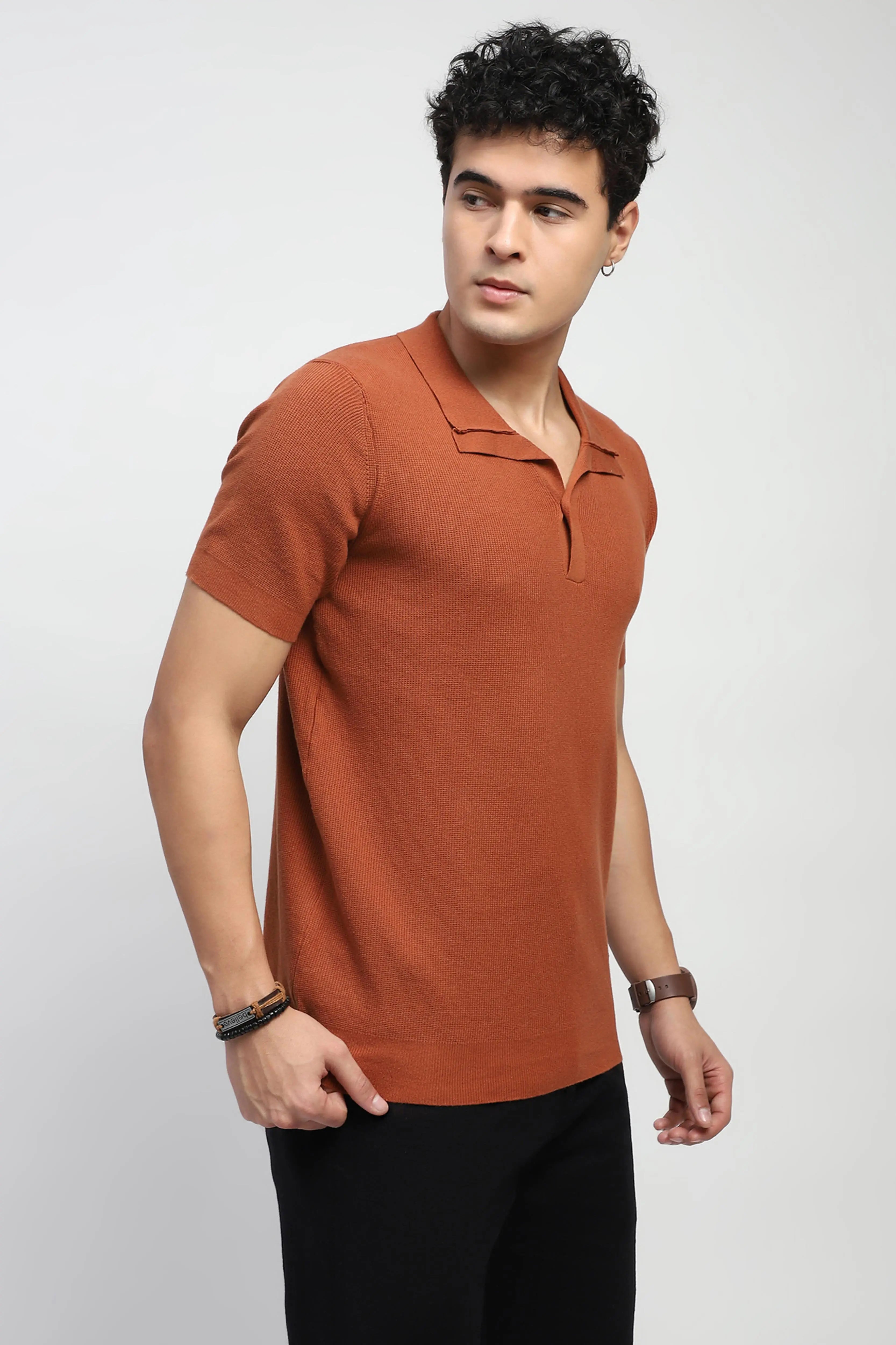 Rust Textured Cotton T-Shirt - Global Republic