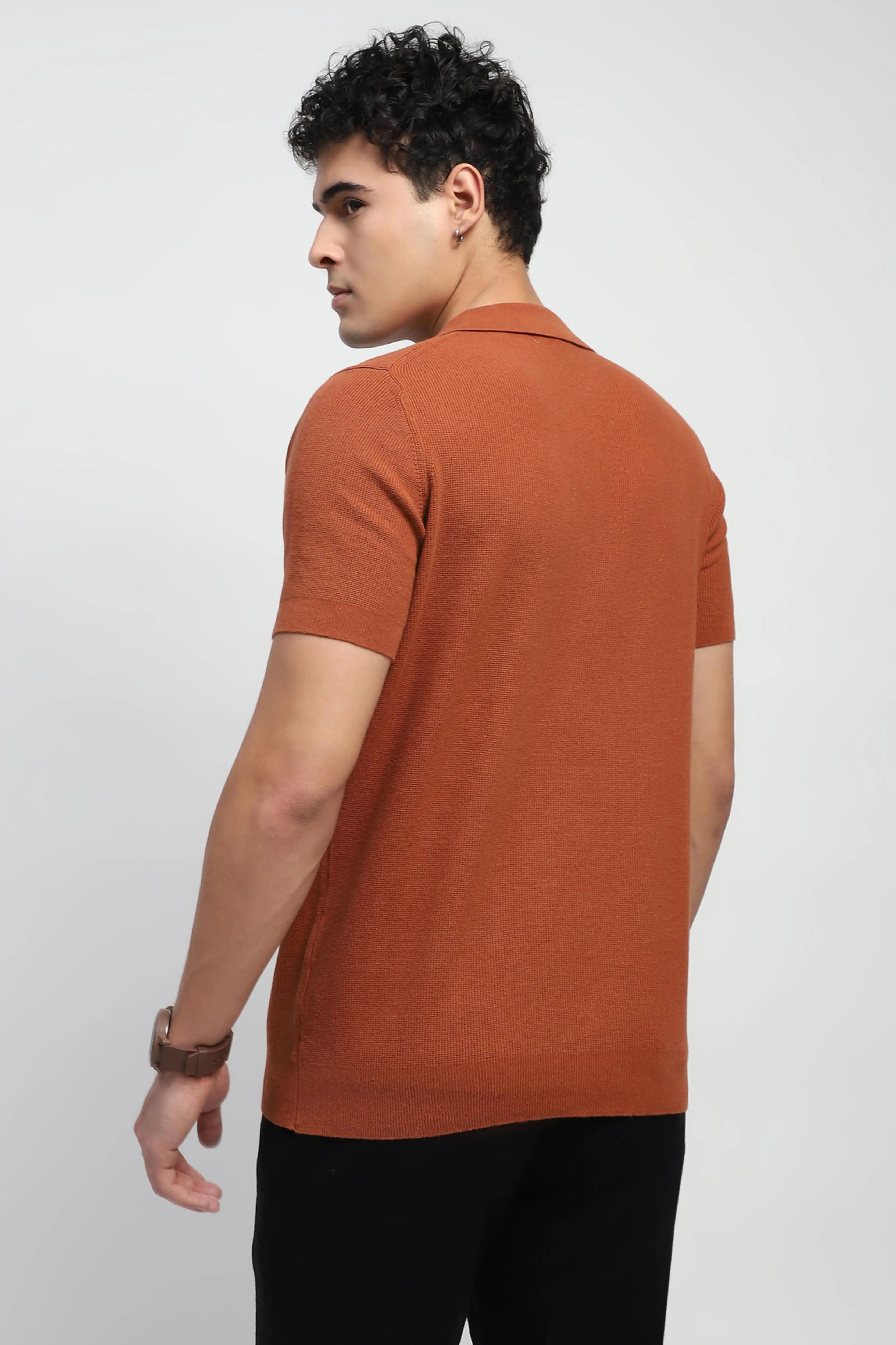 Rust Textured Cotton T-Shirt - Global Republic
