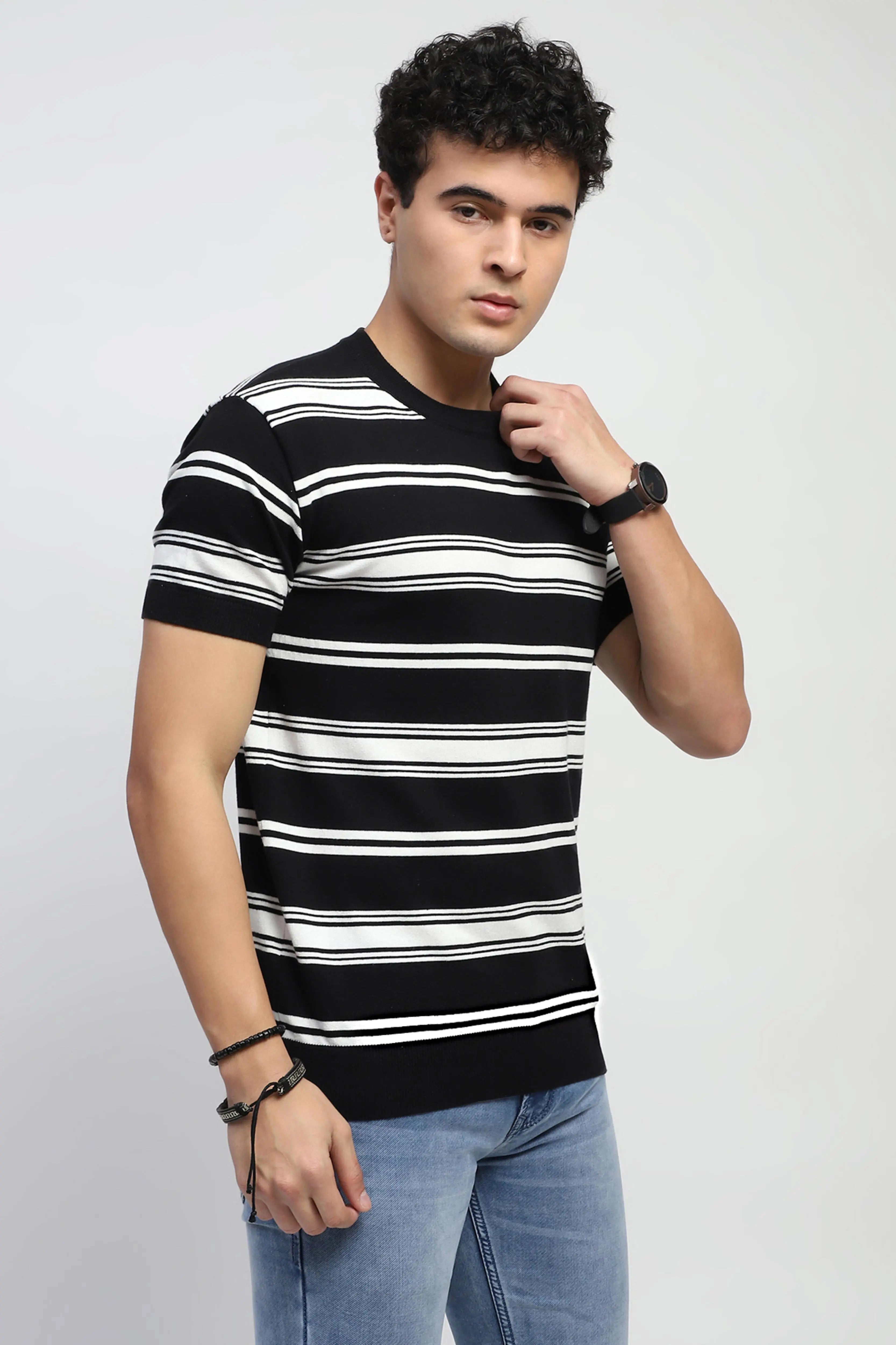 Black Striped Knitted Cotton T-Shirt - Global Republic