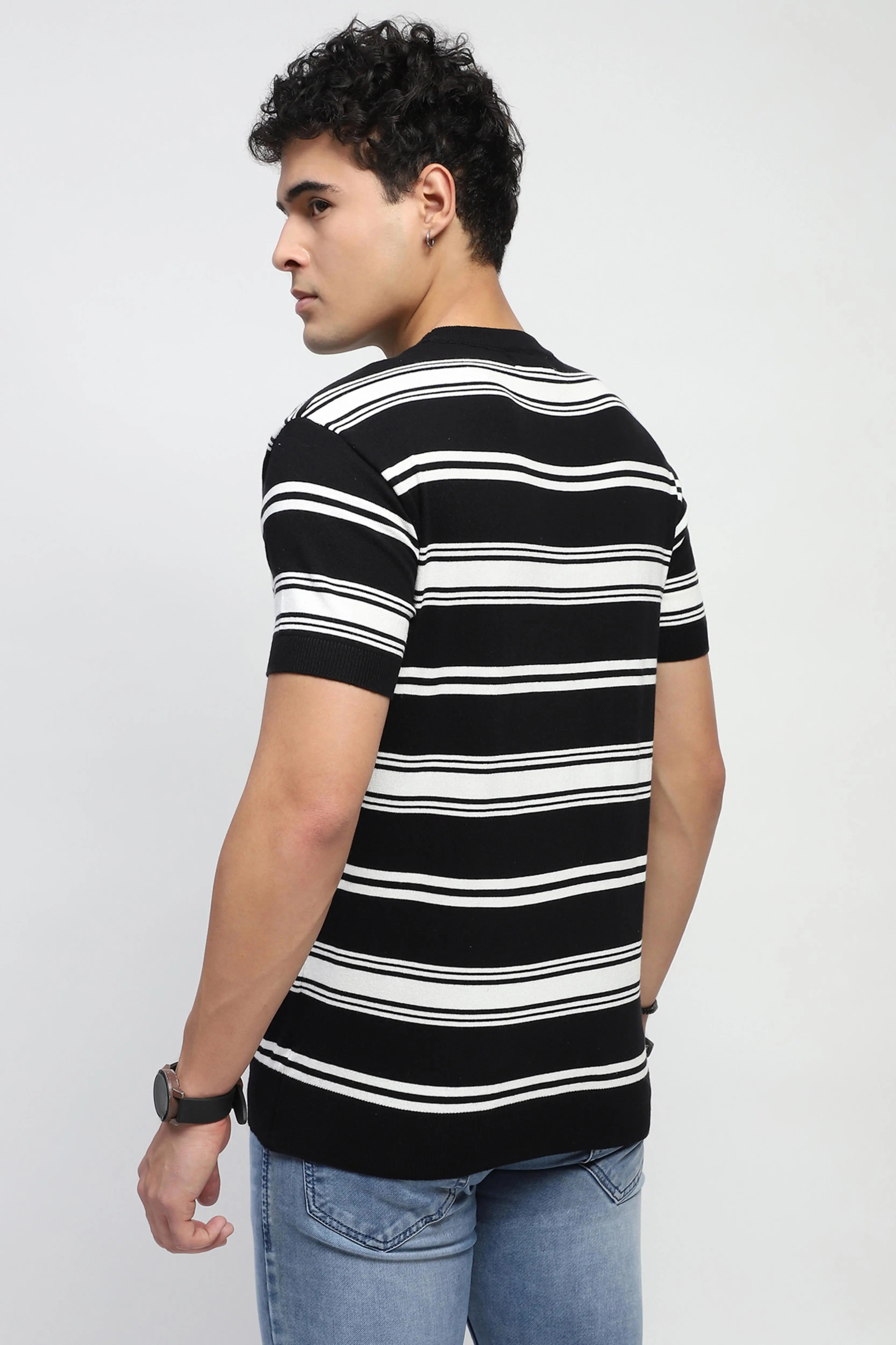 Black Striped Knitted Cotton T-Shirt - Global Republic