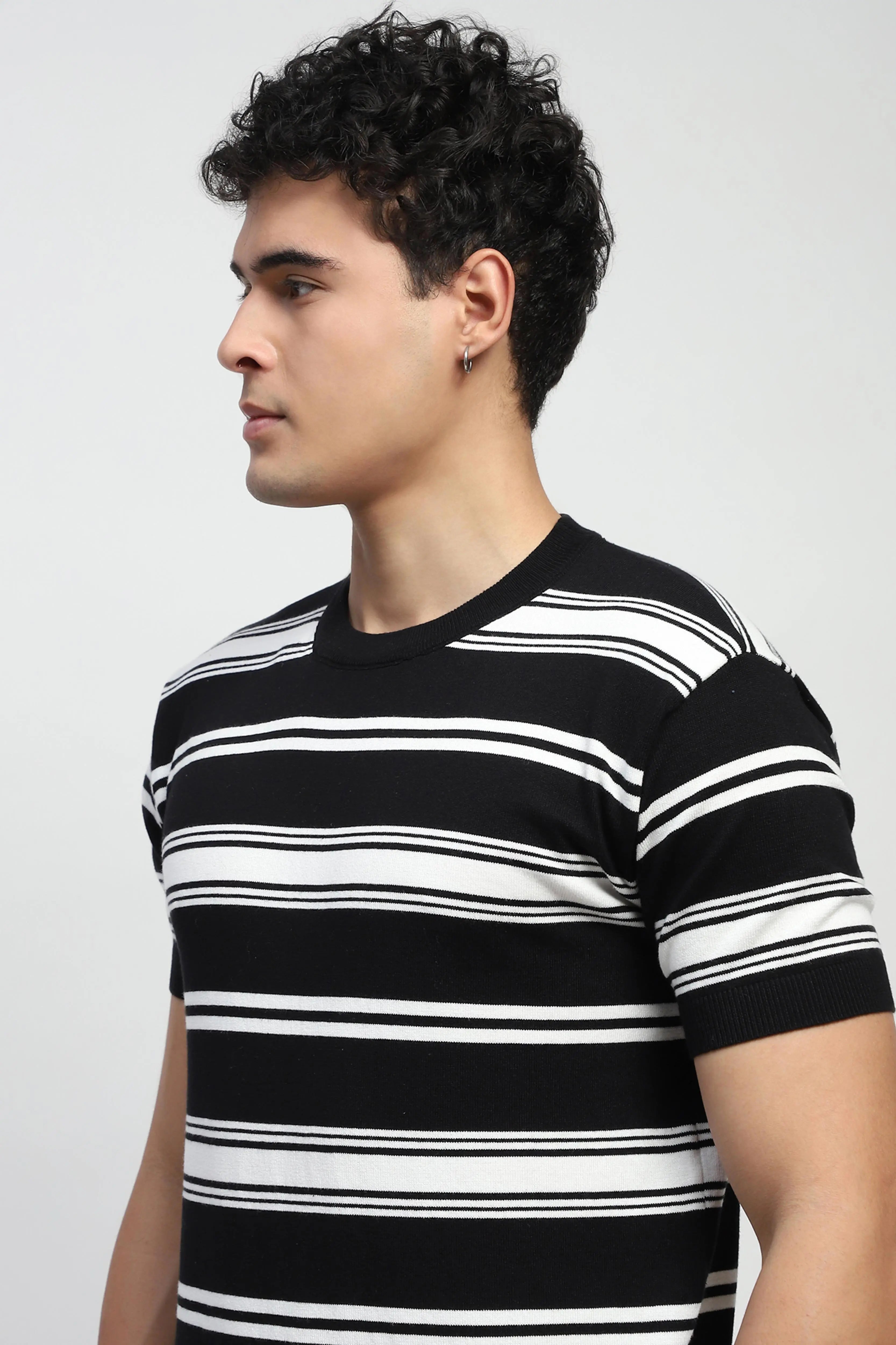Black Striped Knitted Cotton T-Shirt - Global Republic