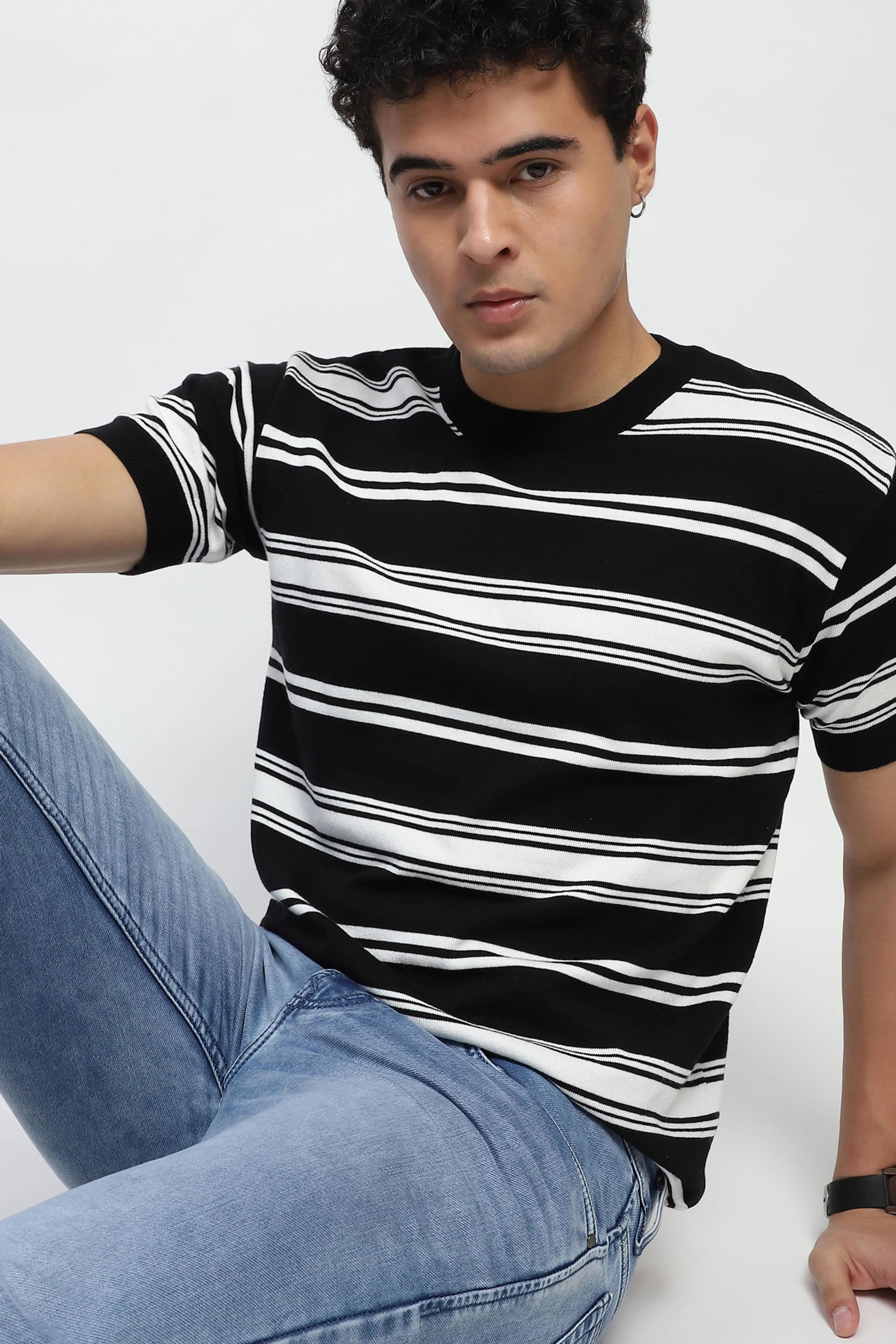 Black Striped Knitted Cotton T-Shirt - Global Republic