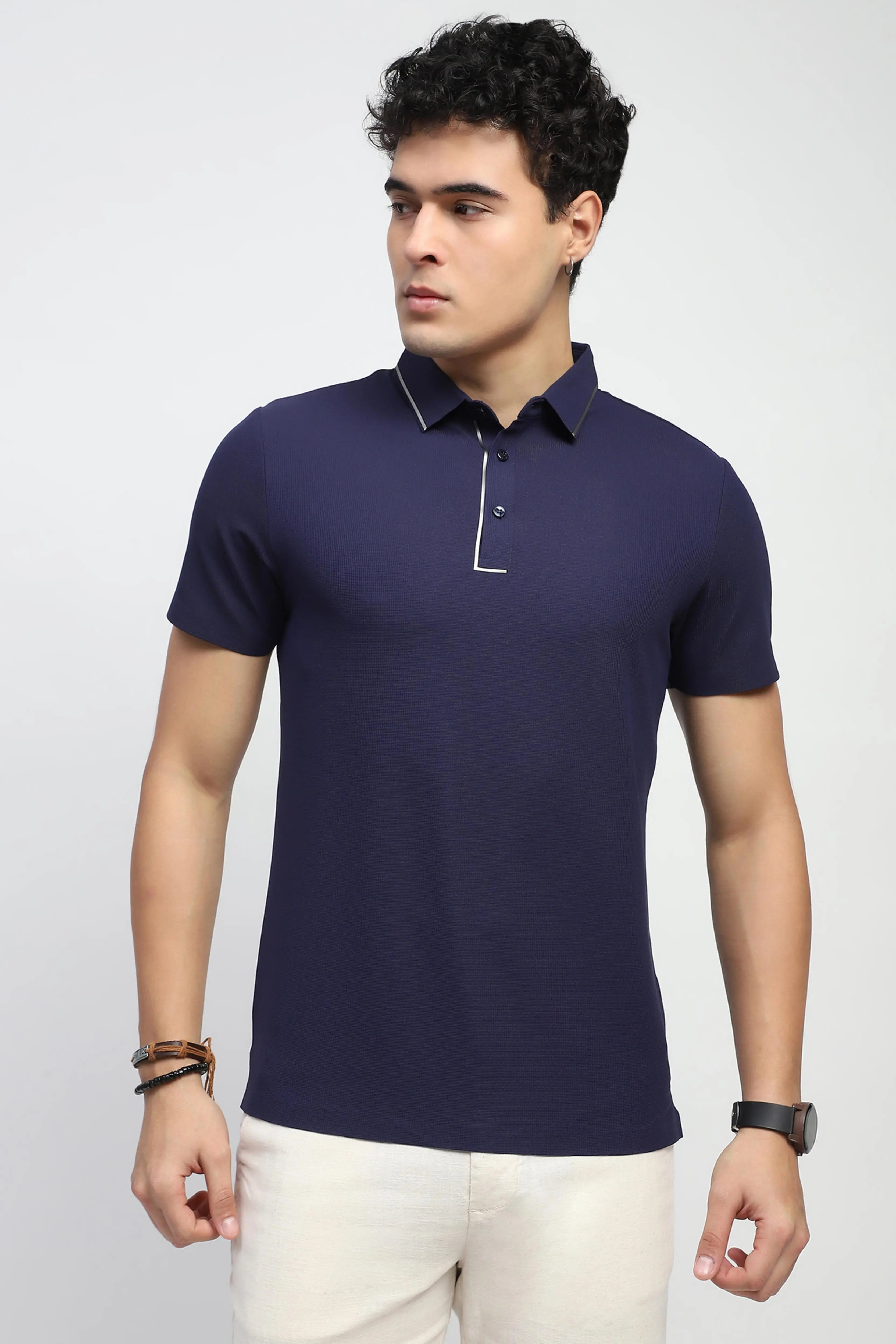 Navy Solid Nylon Polo T-Shirt - Global Republic
