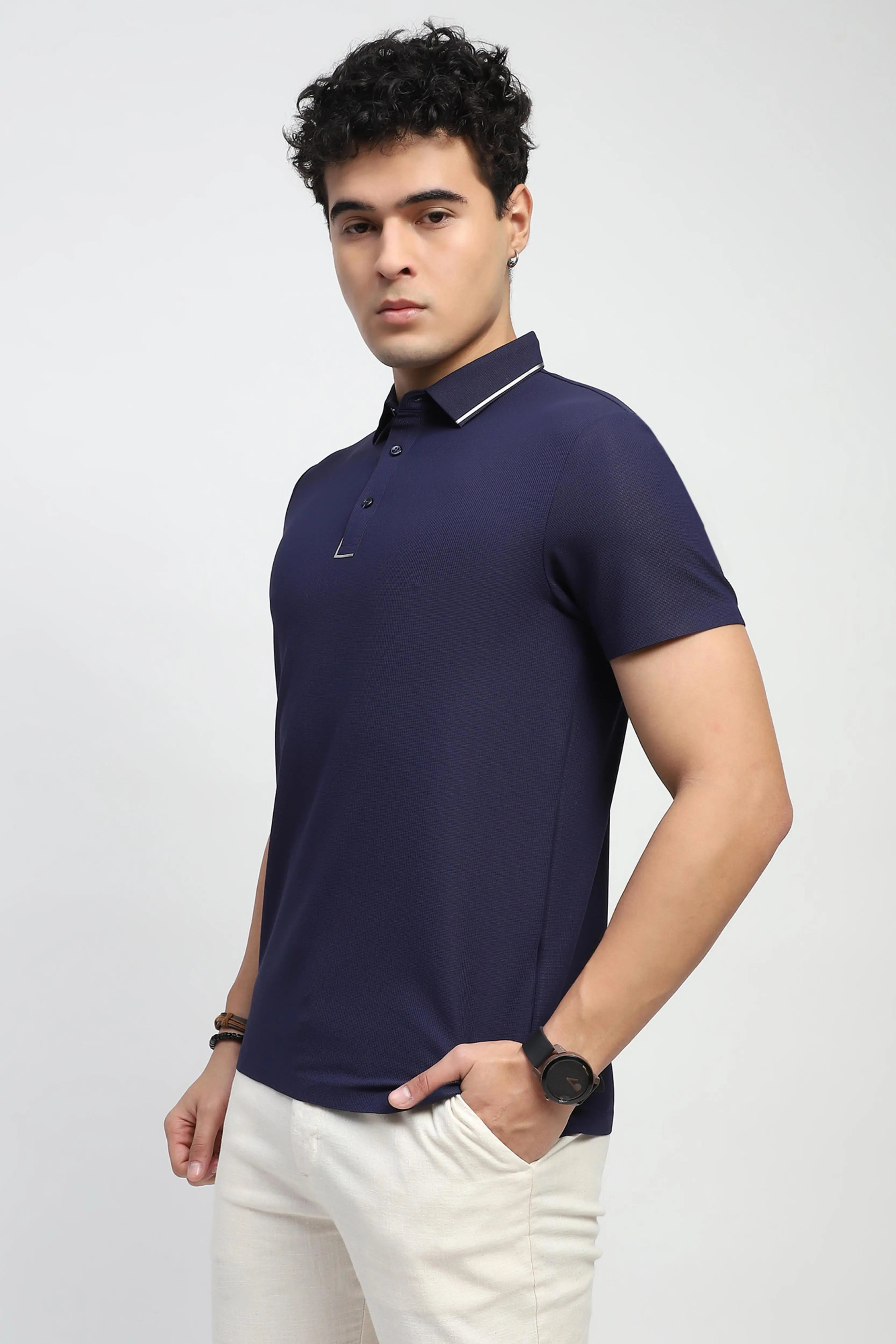 Navy Solid Nylon Polo T-Shirt - Global Republic