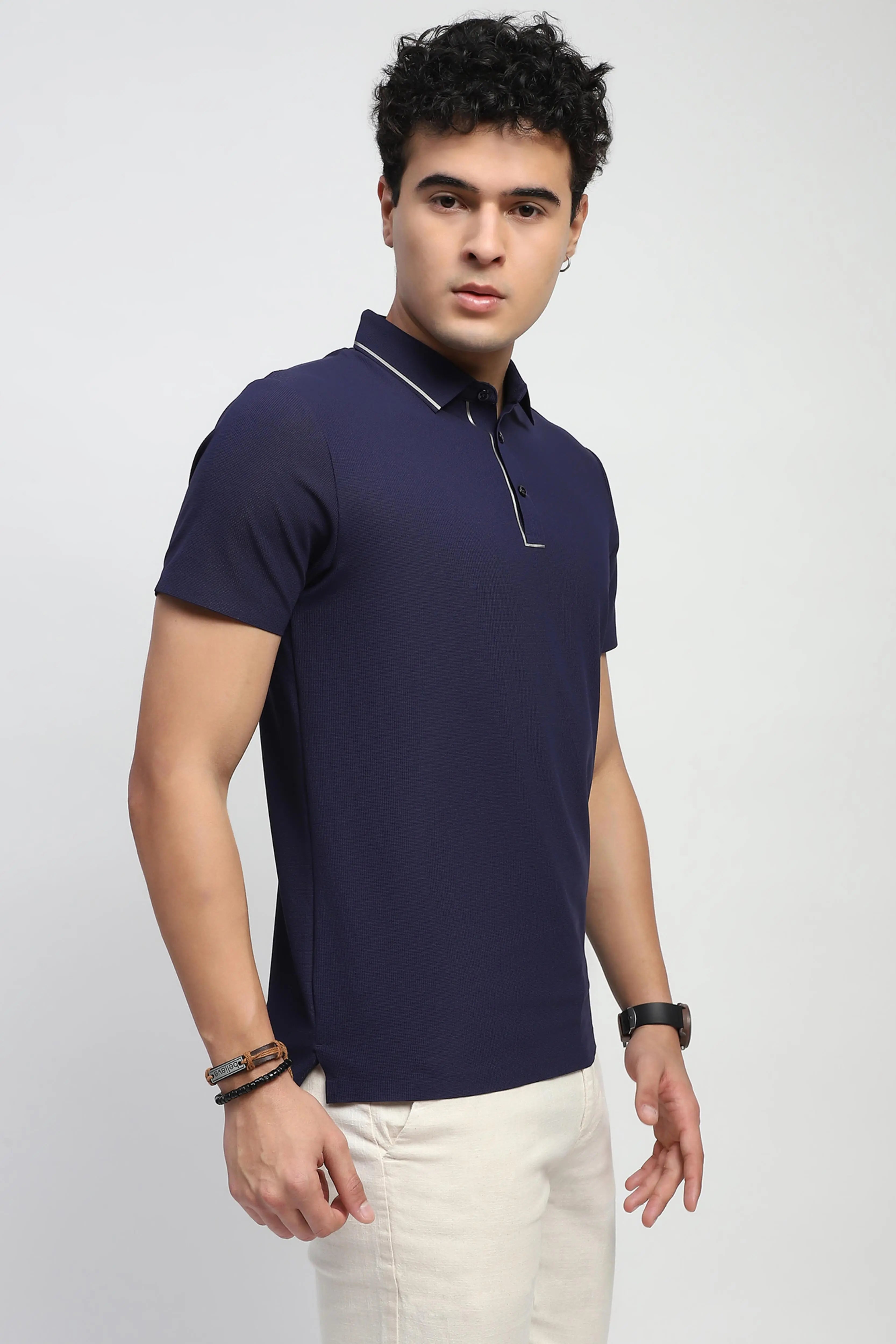 Navy Solid Nylon Polo T-Shirt - Global Republic