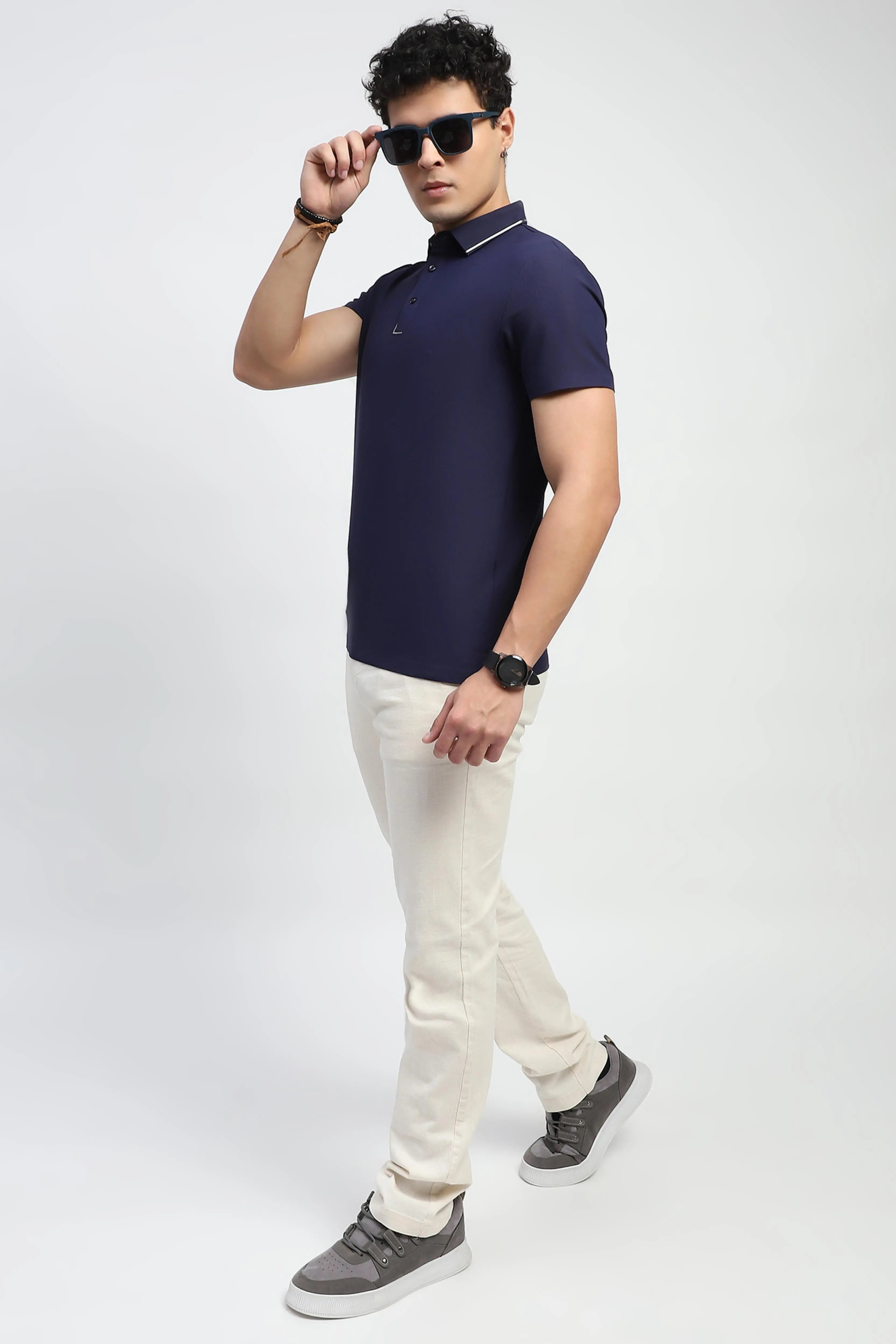 Navy Solid Nylon Polo T-Shirt - Global Republic