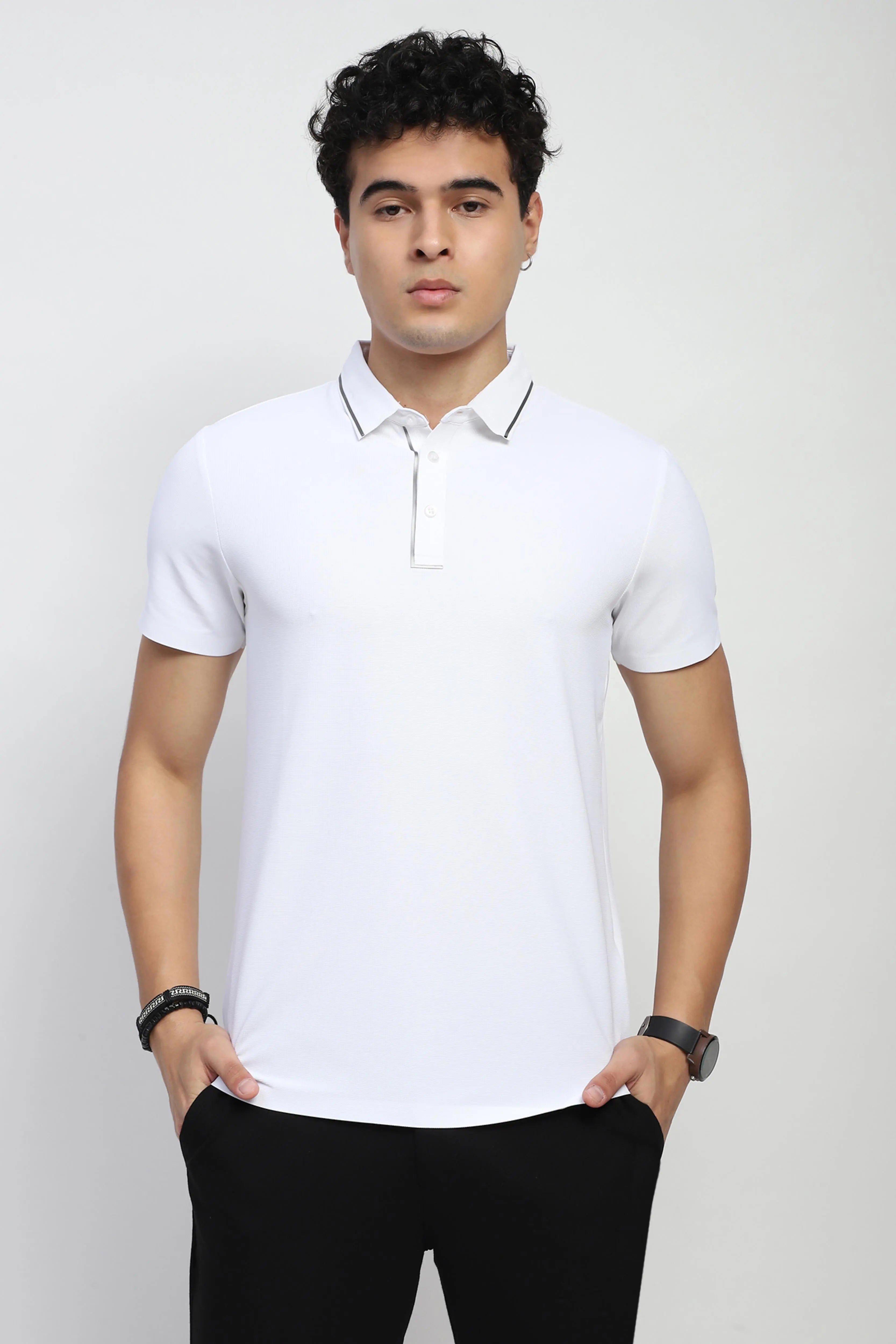 White Solid Nylon Polo T-Shirt - Global Republic