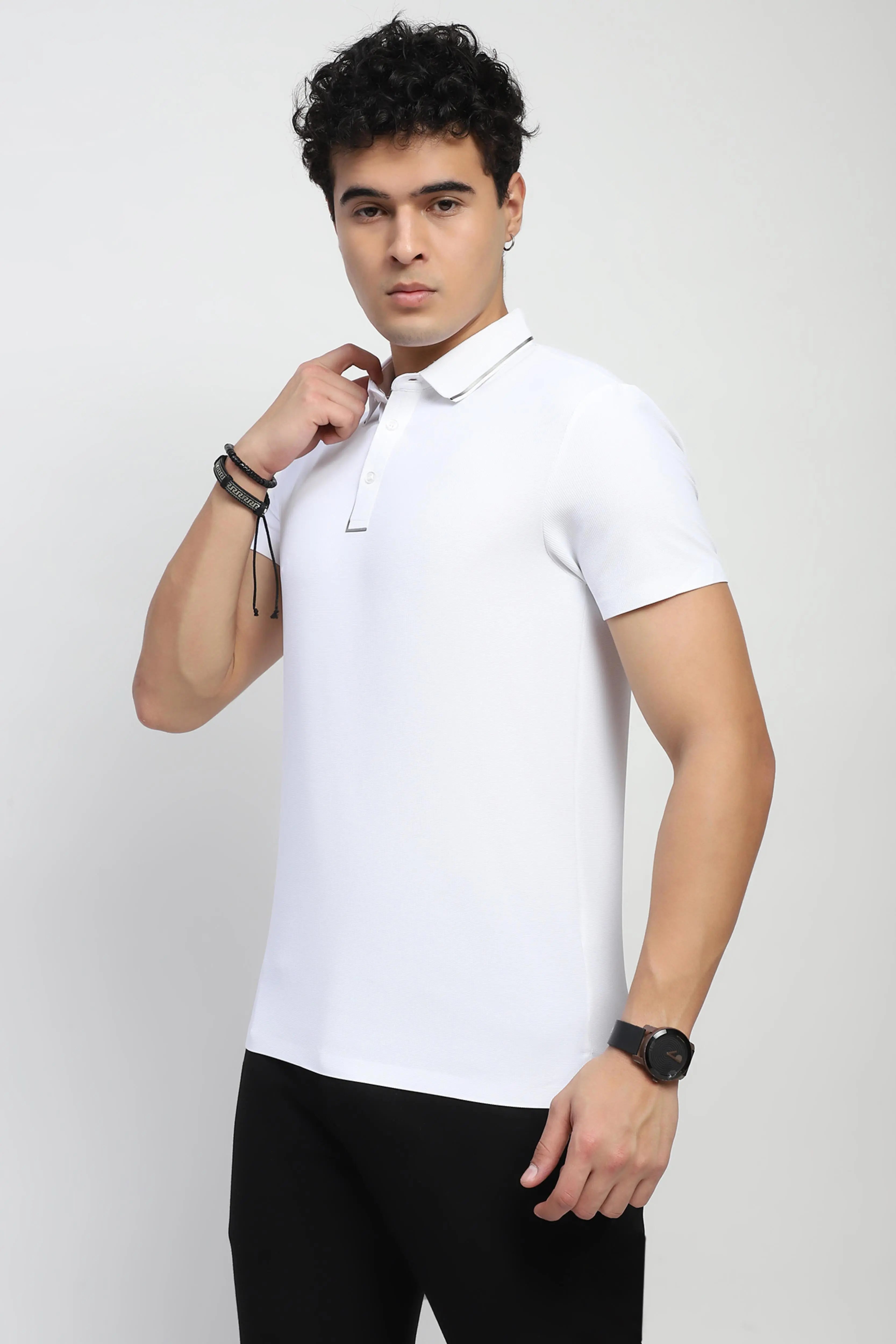 White Solid Nylon Polo T-Shirt - Global Republic