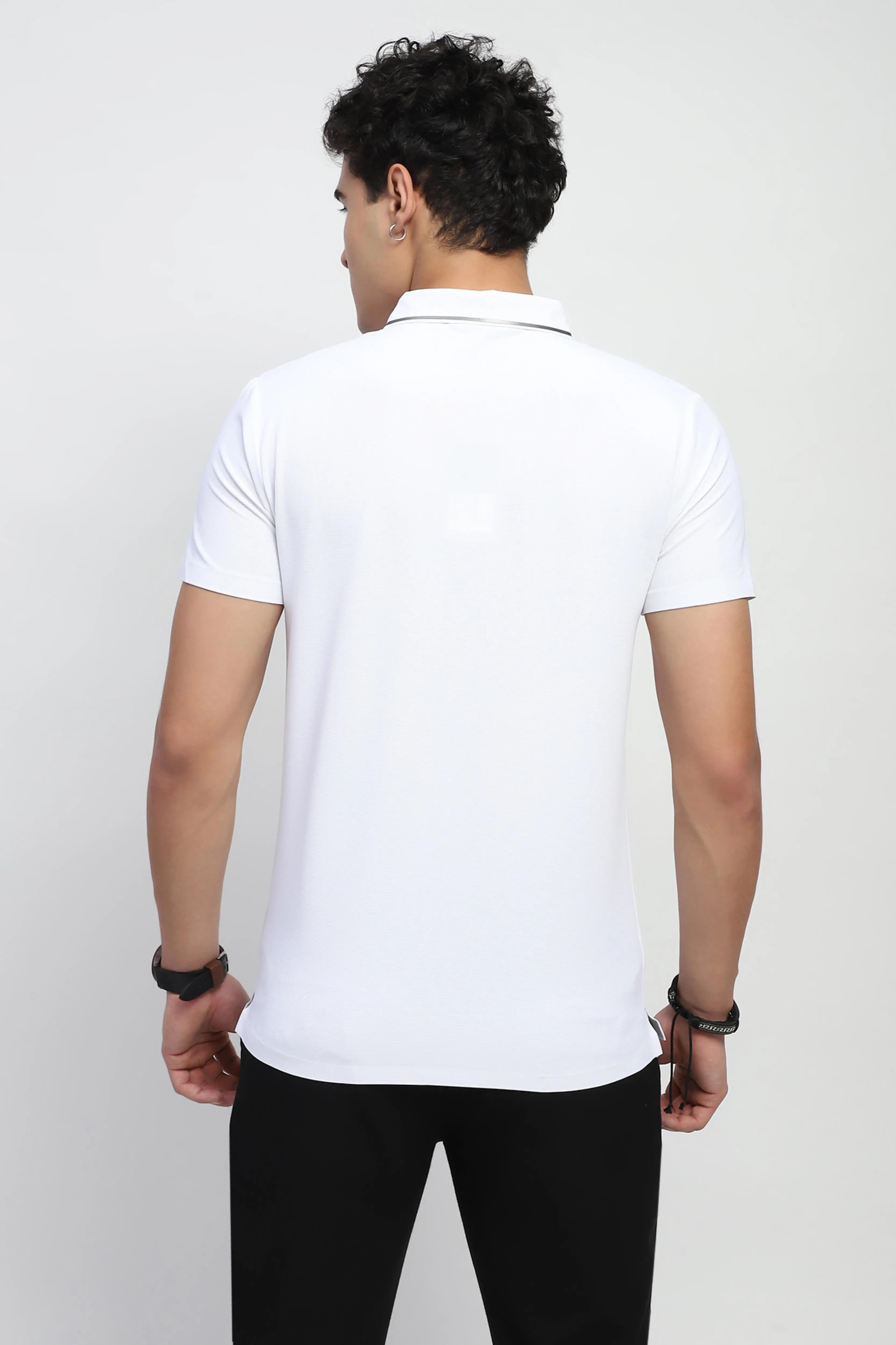 White Solid Nylon Polo T-Shirt - Global Republic