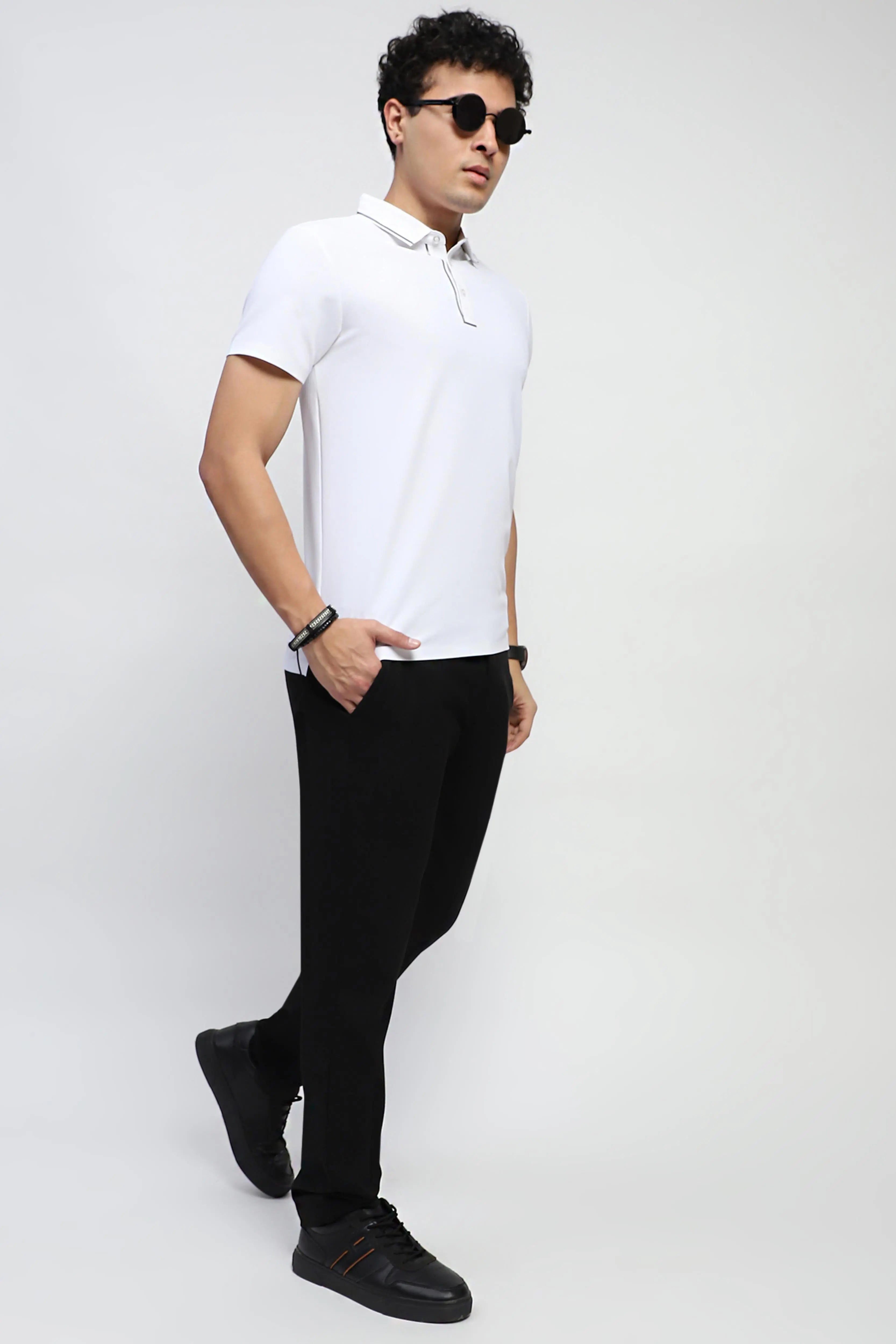 White Solid Nylon Polo T-Shirt - Global Republic