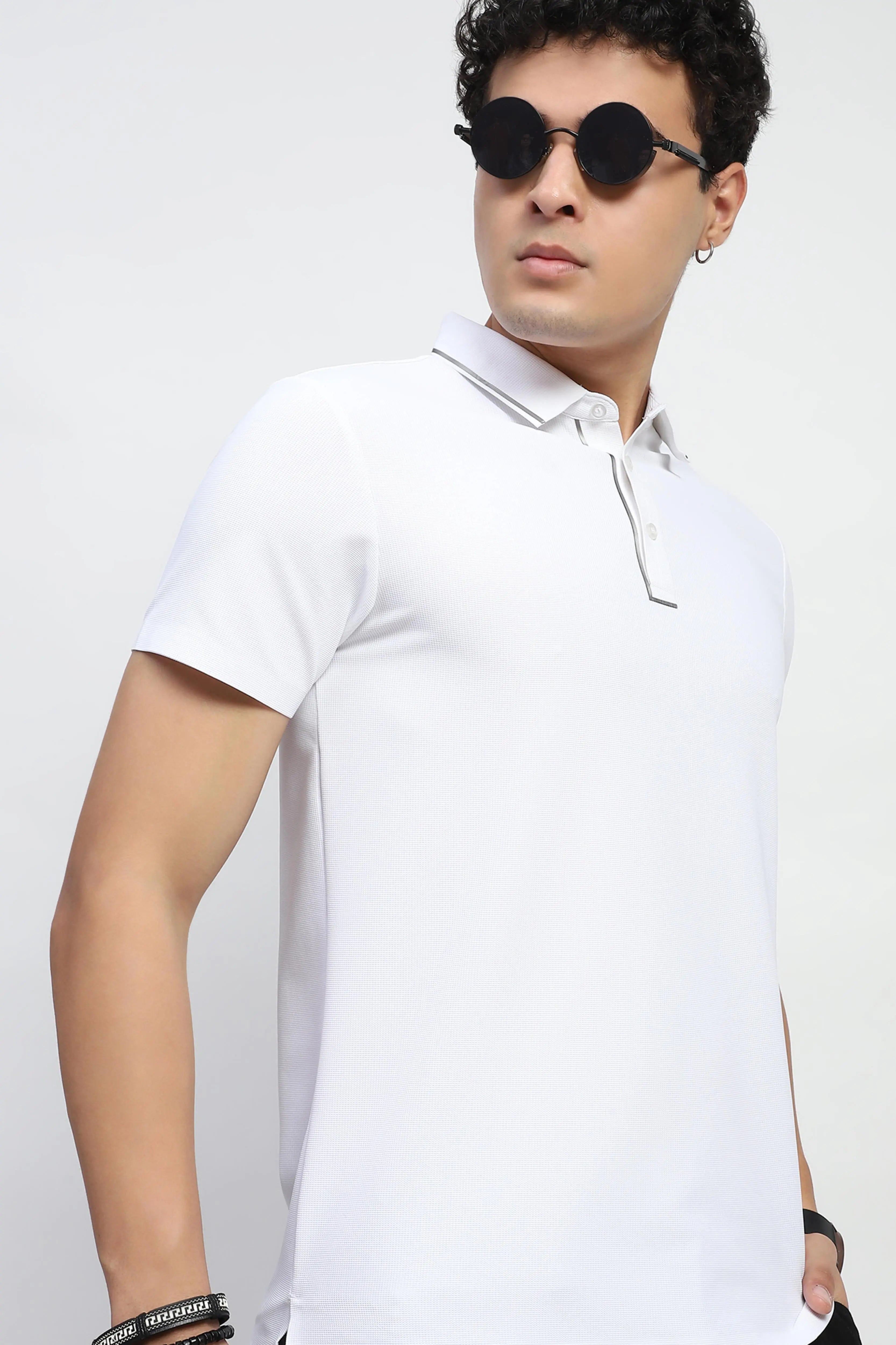 White Solid Nylon Polo T-Shirt - Global Republic