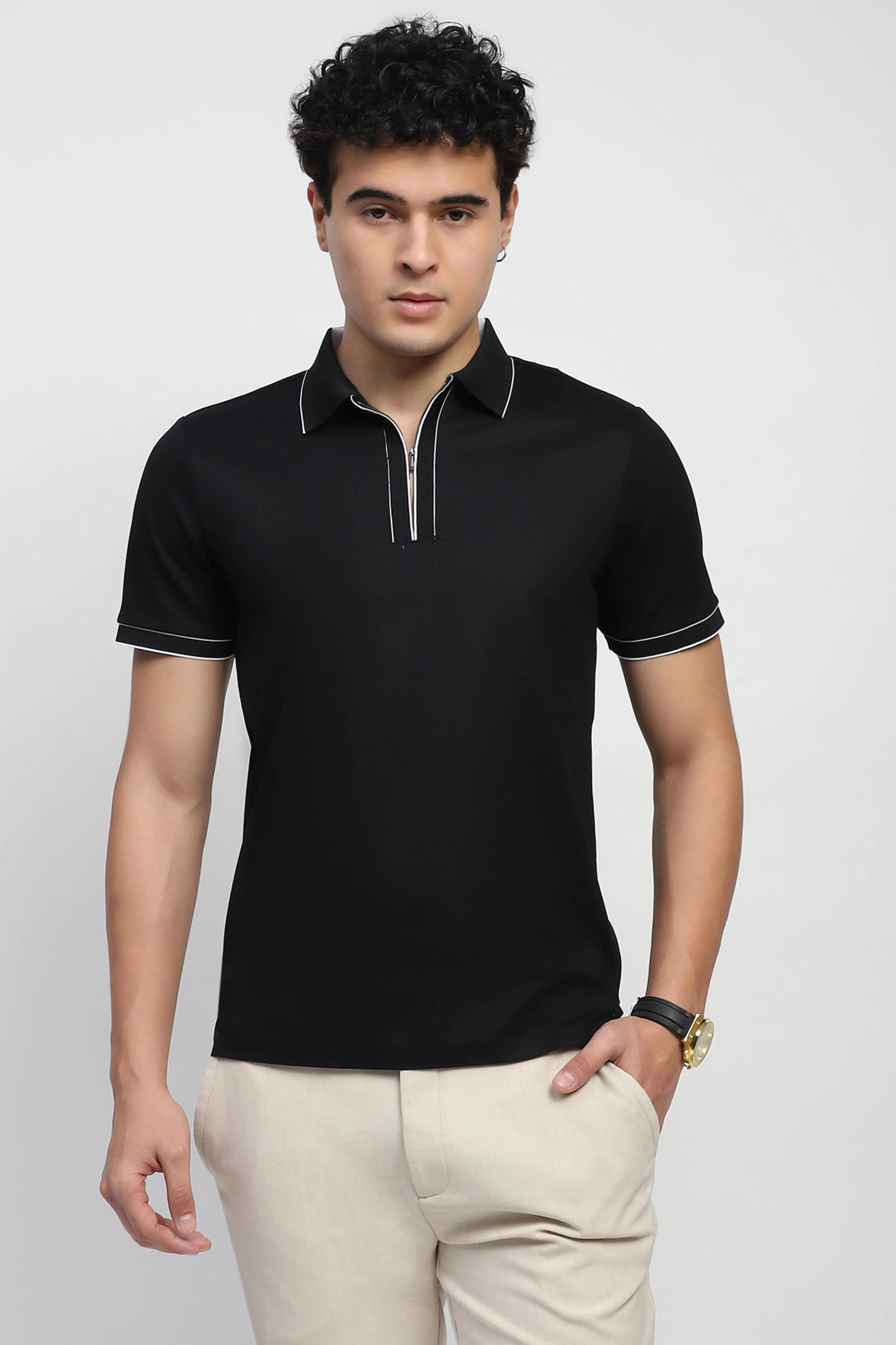 Black Solid Nylon Blend T-Shirt - Global Republic
