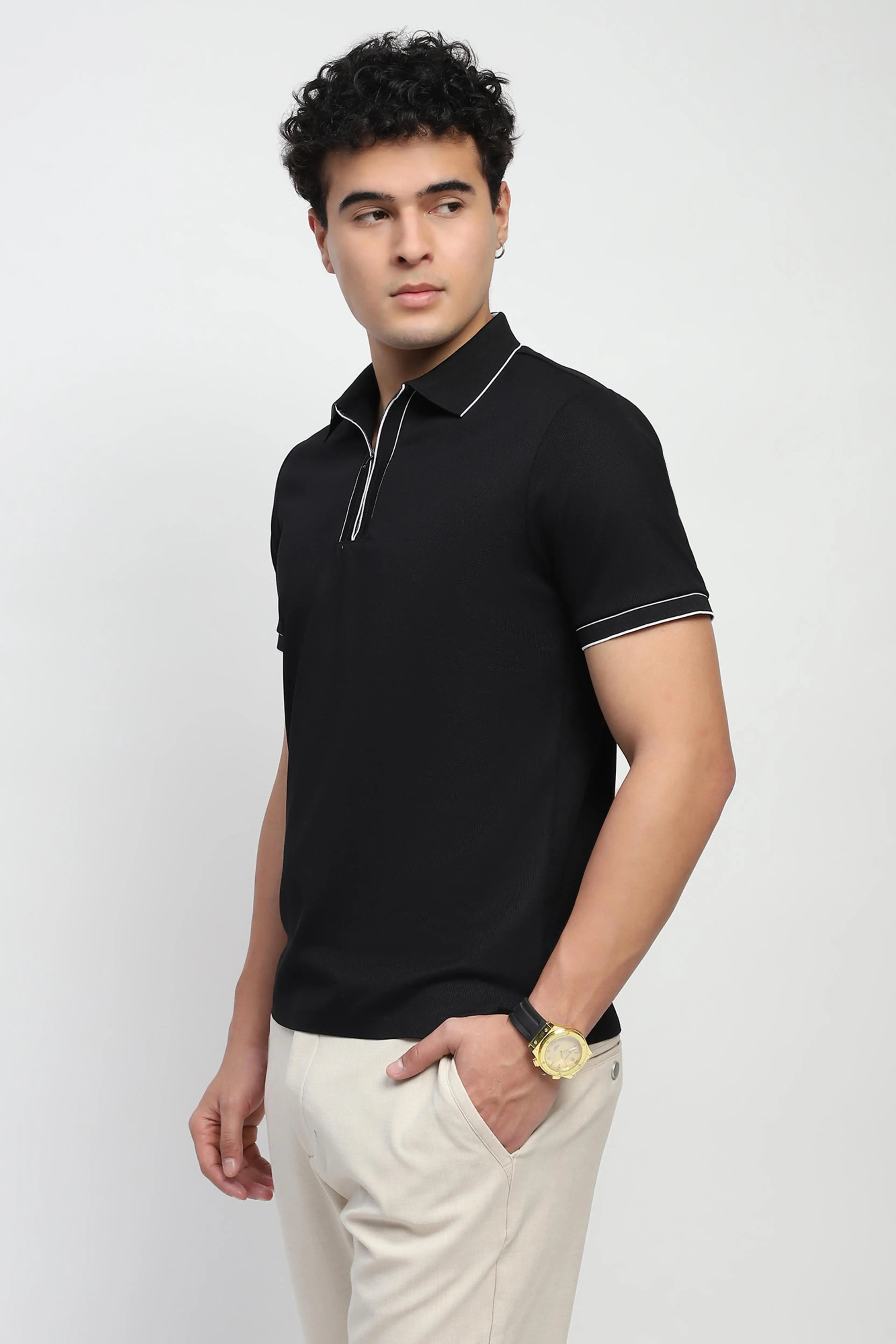 Black Solid Nylon Blend T-Shirt - Global Republic