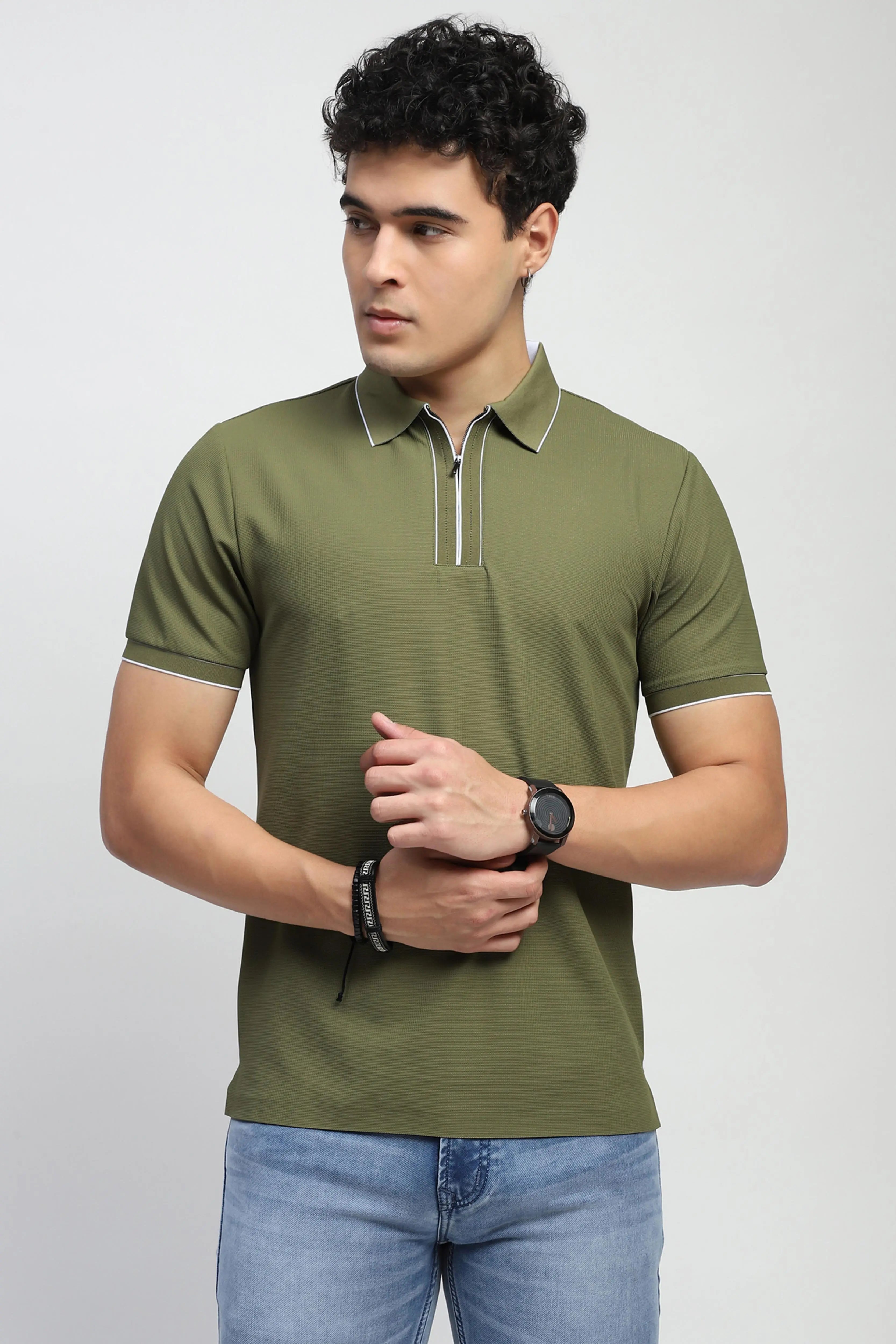 Olive Solid Nylon Blend Polo T-Shirt - Global Republic