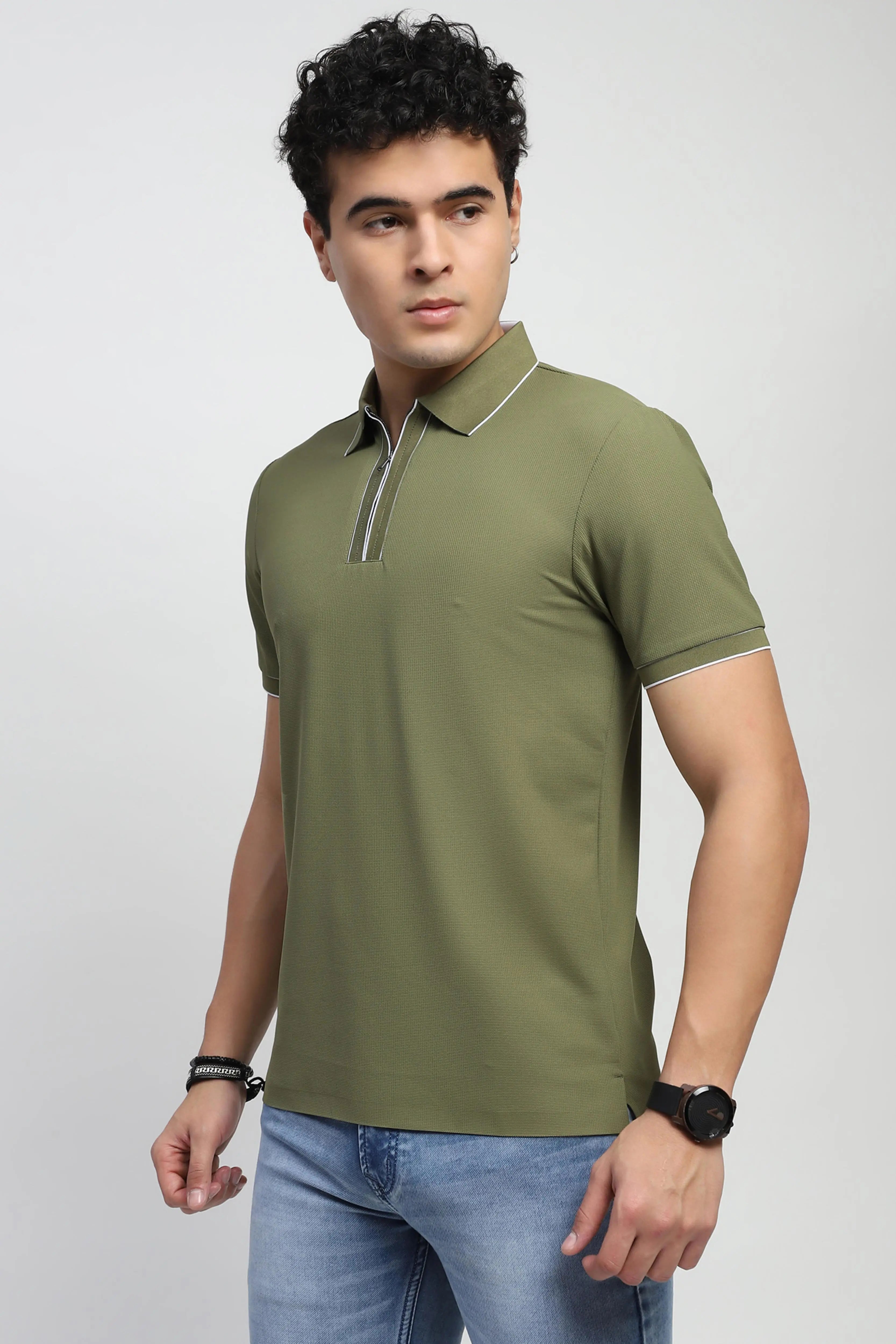 Olive Solid Nylon Blend Polo T-Shirt - Global Republic