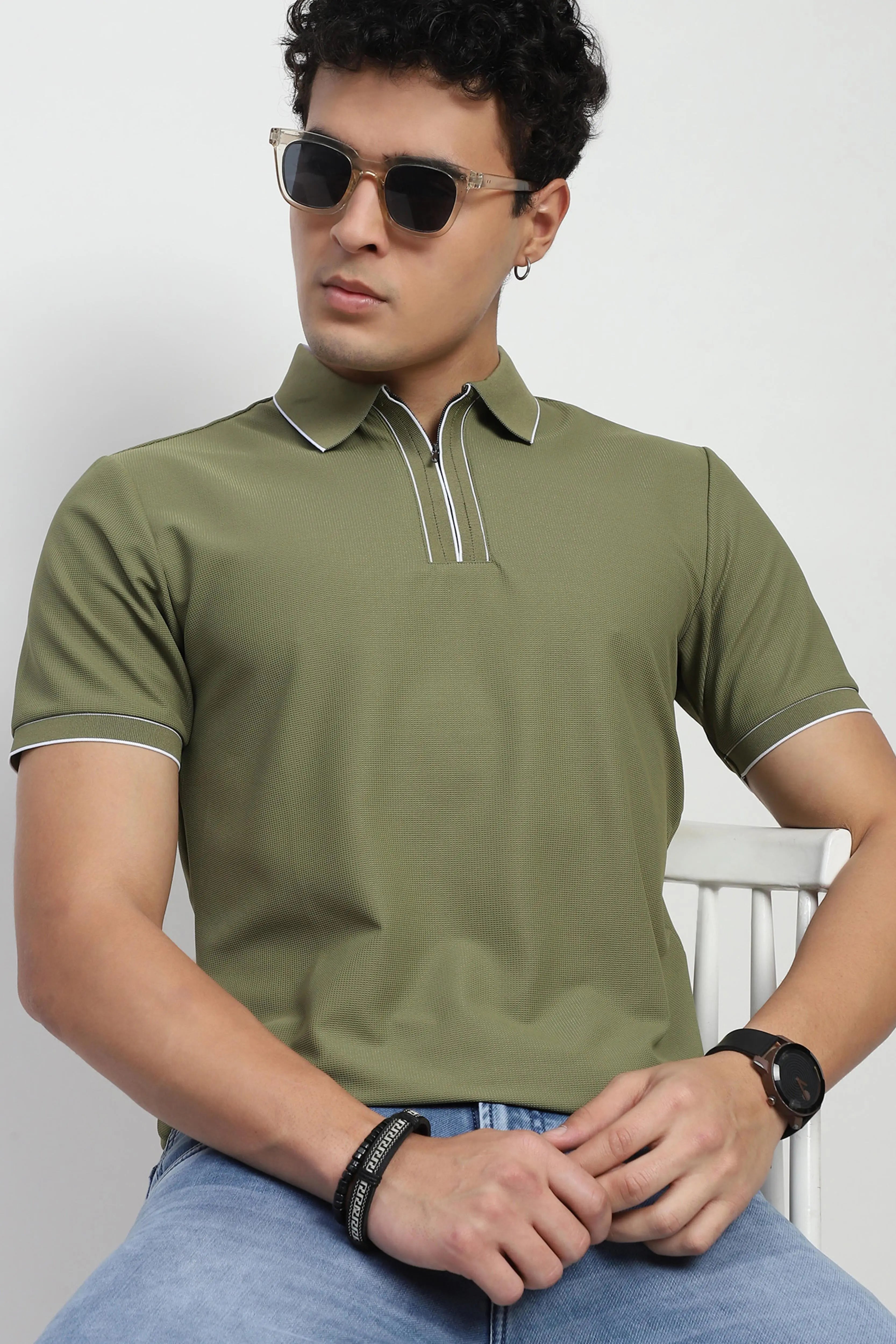 Olive Solid Nylon Blend Polo T-Shirt - Global Republic