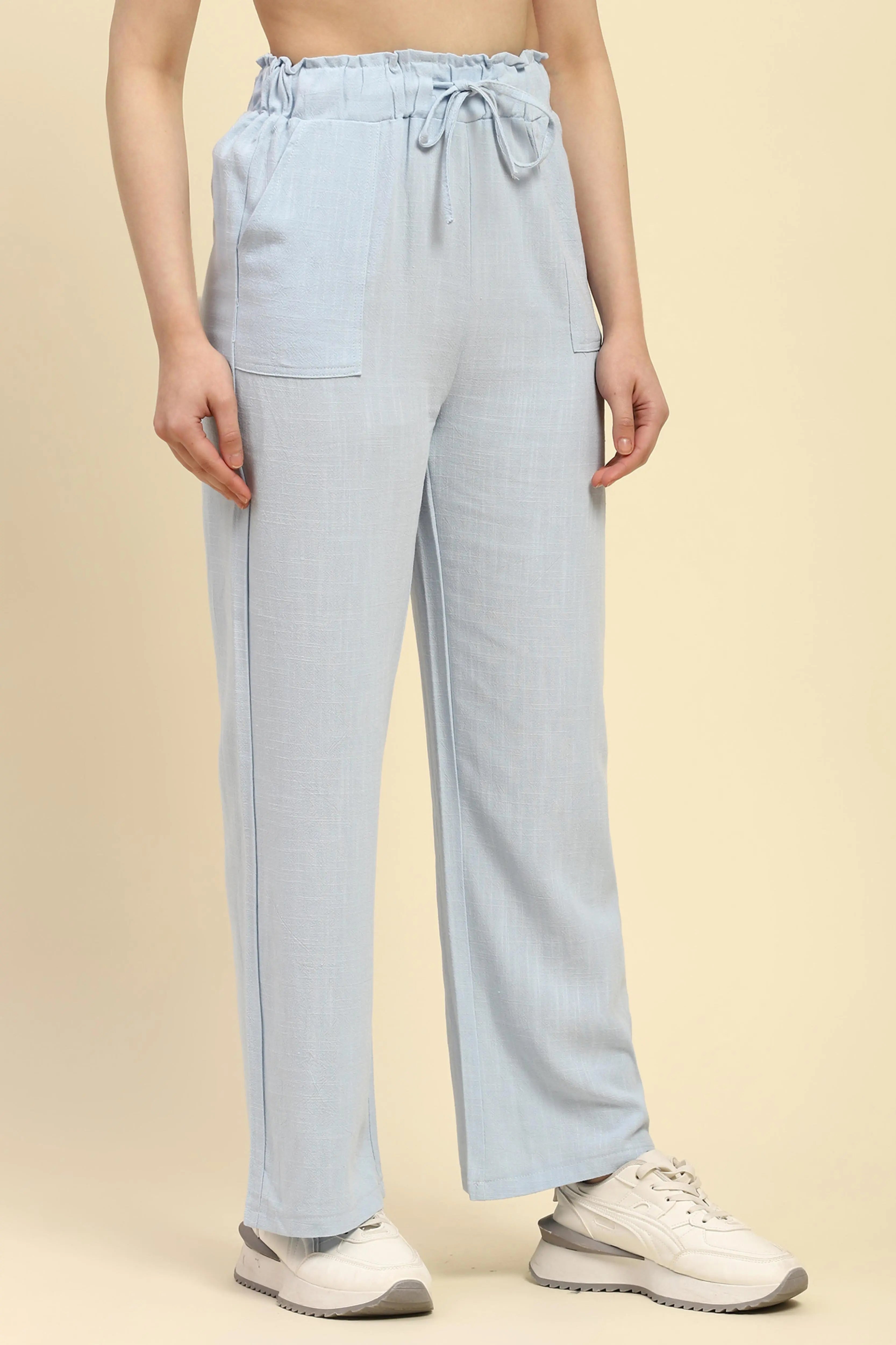 Blue Solid Cotton Linen Relaxed Lower - Global Republic