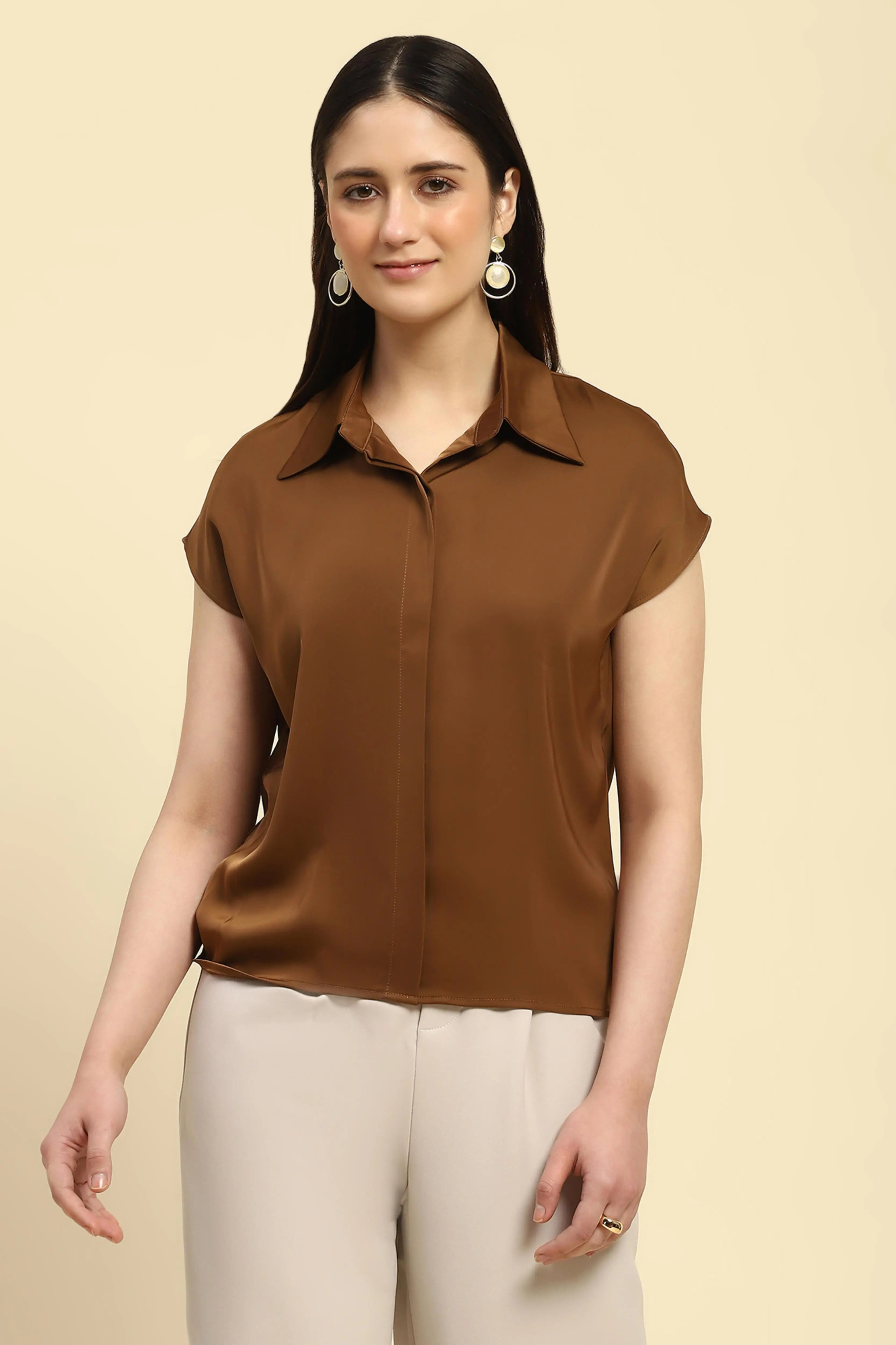 Brown Solid Satin Loose Fit Formal Shirt - Global Republic