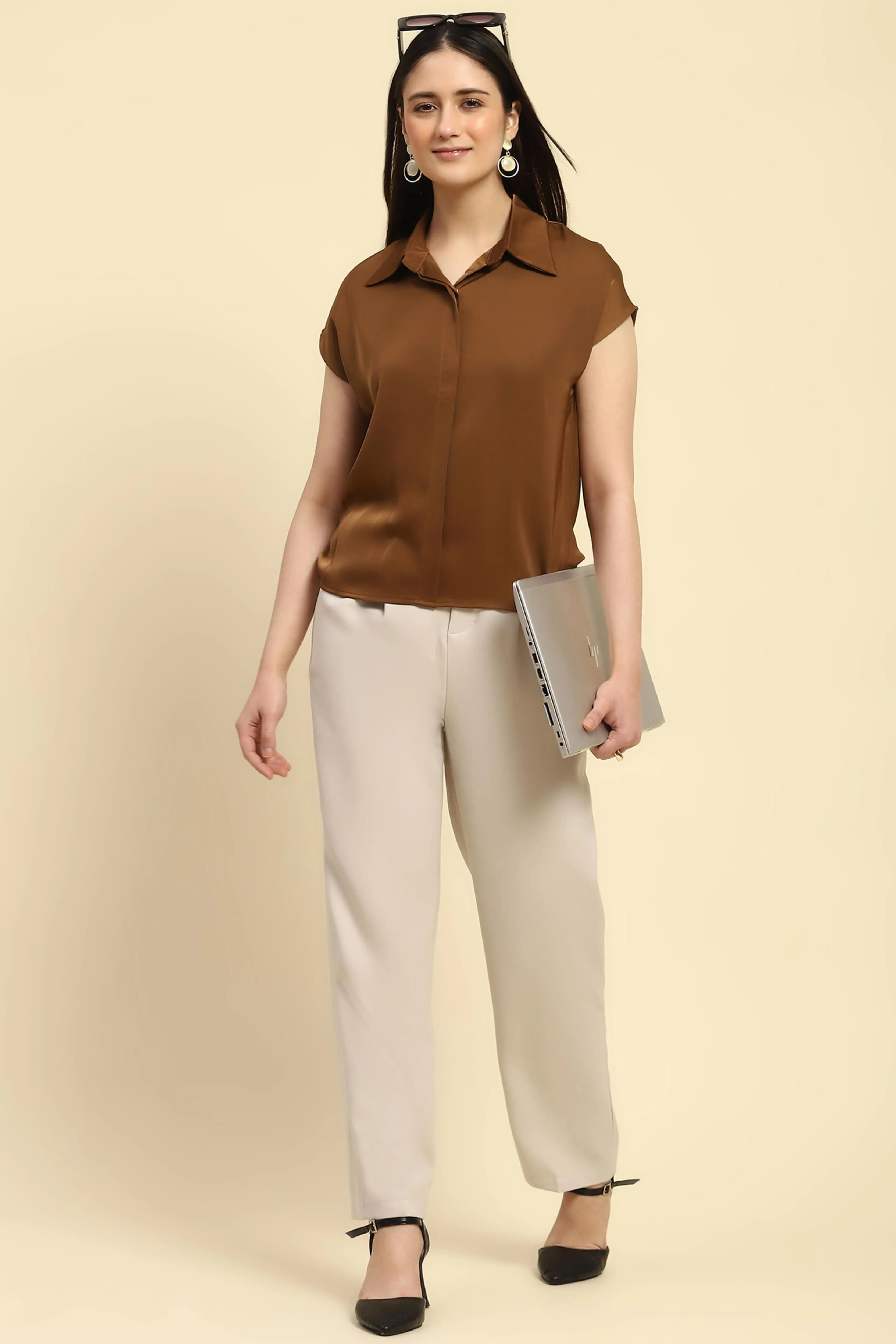 Brown Solid Satin Loose Fit Formal Shirt - Global Republic