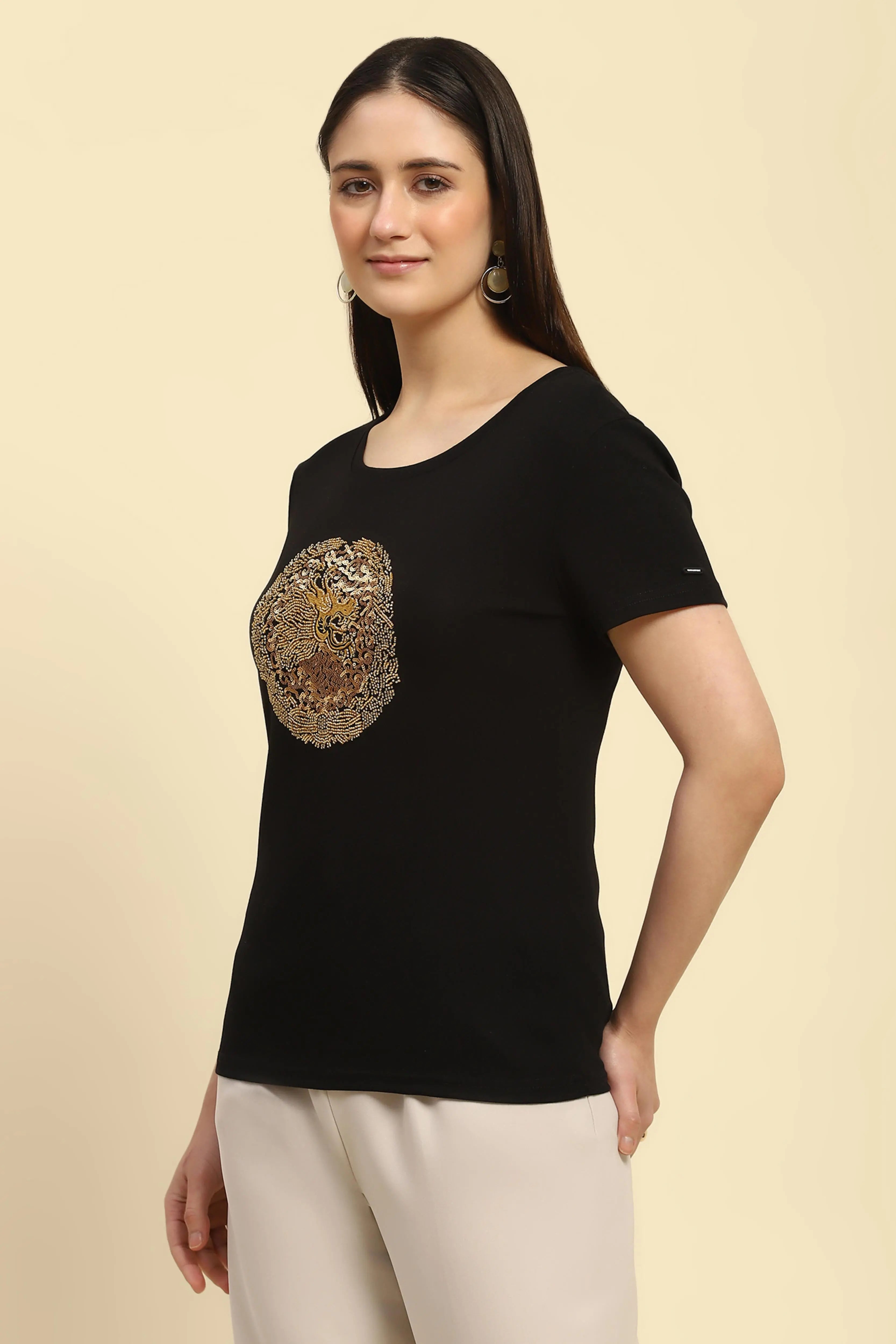 Black Embellished Cotton Top - Global Republic